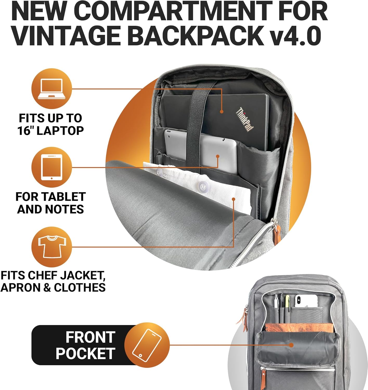 Chef Knife Bag Vintage Backpack | 30+ Pockets for Knives and Chef Tools | Knife Carrying Case with Hidden Back Pocket for Tablet | Sturdy Knife Bag for Chefs & Culinary Students (Heather Grey)