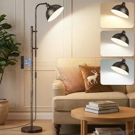 Floor Lamp, Industrial Modern Standing Lamp with Remote Control, 71" Height Adjustable, Aged Black Finish Rustic Farmhouse Tall Reading Lamp for Bedroom, Over Couch Arched Reading Light
