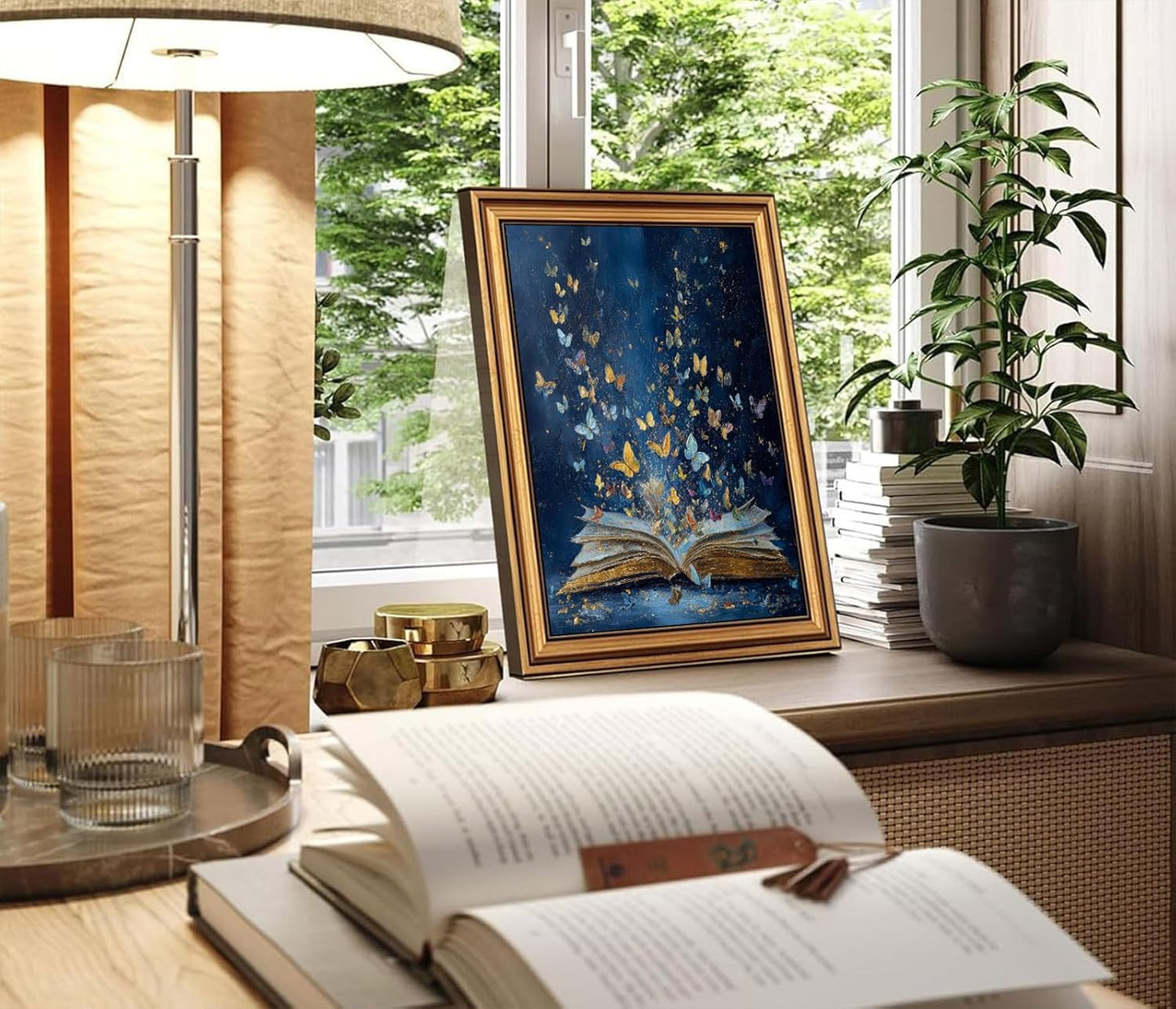 Dougepce 3D Texture Oil Painting,Vintage Gold Framed Wall Art, Classical Bookish Butterfly Paintings,Moody Wall Decor Aesthetic Artwork,Butterfly Emerging From Book Canvas Prints Picture, 12" × 16"