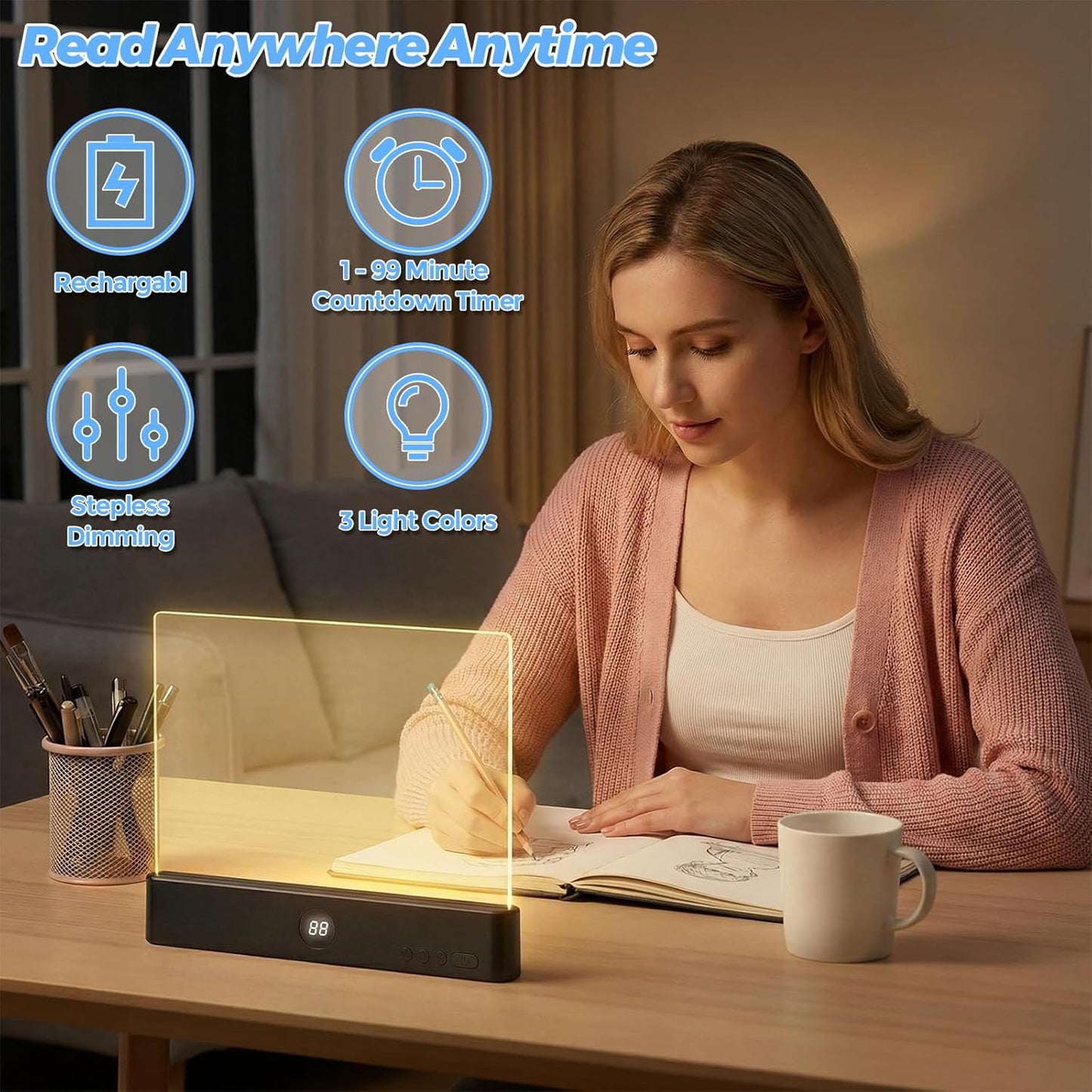 Book Light, Rechargeable Led Reading Light 3 Color Flat Book Lamp, Dimmable Panel Plate Lamp Book Full Page Light with Timer Stepless Gifts for Readers Women Men Reading in Bed at Night (Black)