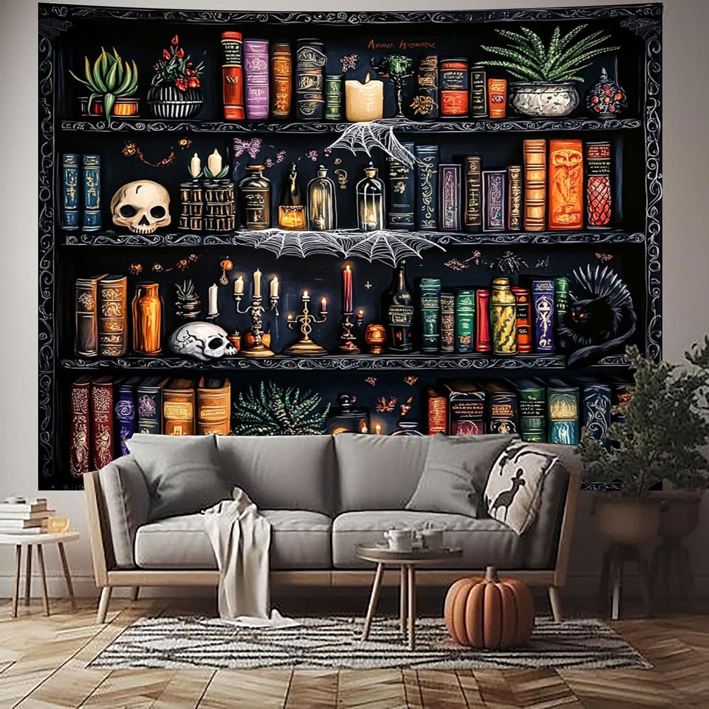 Algasan Magic Bookshelf Tapestry Magical Book Tapestry Gothic Witchy Vintage Library Skull Potion Black Cat Candle Botanical Backdrop for Bedroom Living Room Dorm 78.7 x 59.1 Inches