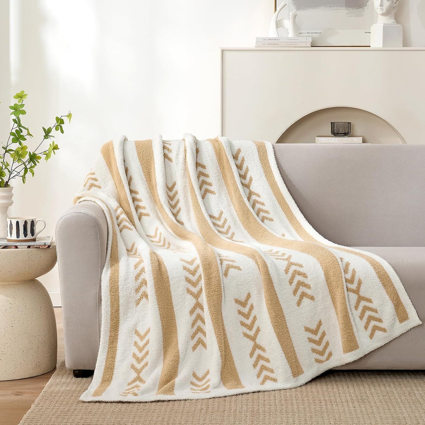 Snuggle Sac Beige Boho Throw Blanket, 50x60 Soft Reversible Fuzzy Knit Throw for Couch, Sofa, Bed, Travel, Cozy Plush Microfiber Blanket for Neutral Home Decor & Gifts