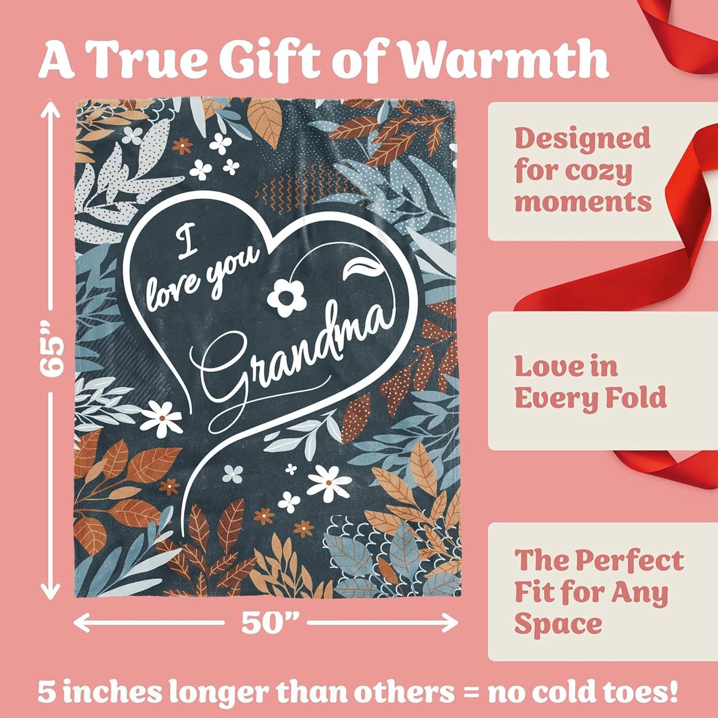 Grandma Gifts - I Love You Blanket for Grandmother, Soft Fleece Throw 65"x50" with Flowers Design, Mothers Day Birthday Gift from Grandchildren, Cozy Nana Throw Blanket