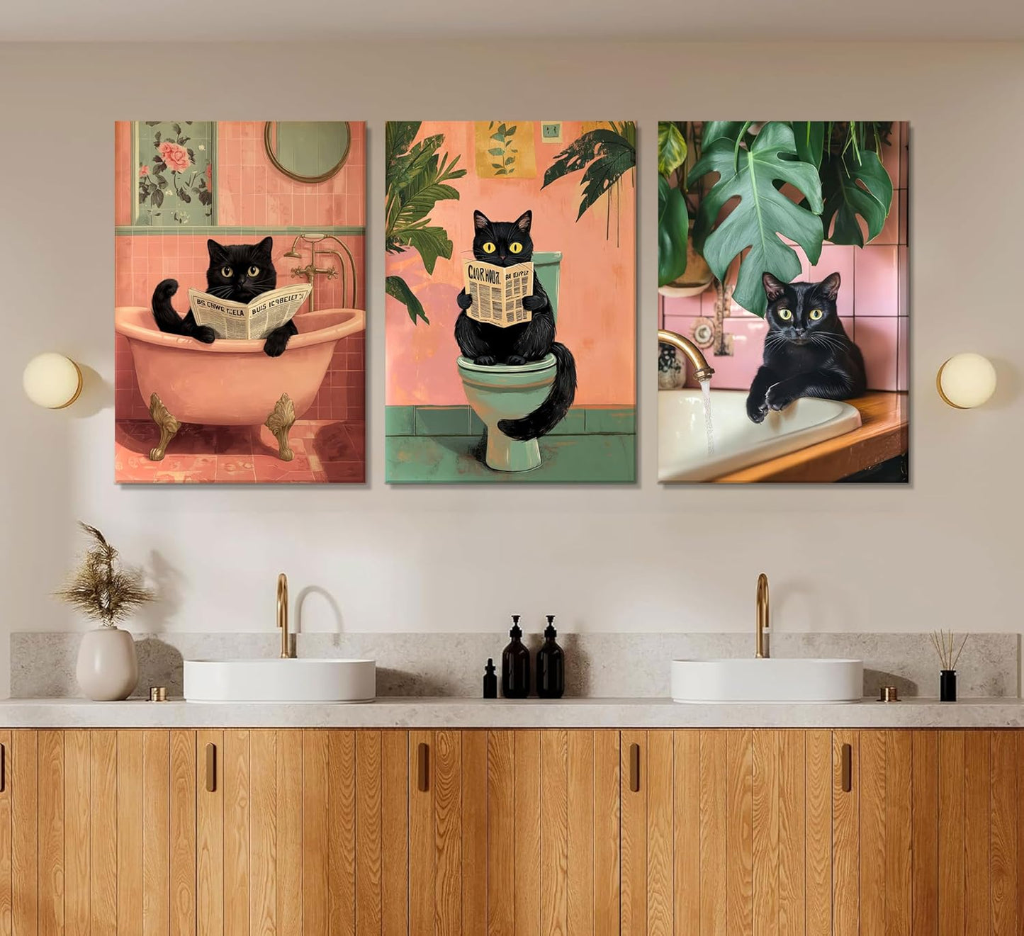 3Pcs Pink Bathroom Cat Canvas Wall Art Black Cat Sitting on Toilet Reading Posters Funny Cat Bathroom Prints Pink Animal Pictures Green Botanical Painting Wall Decor for Bathroom Toilet Framed