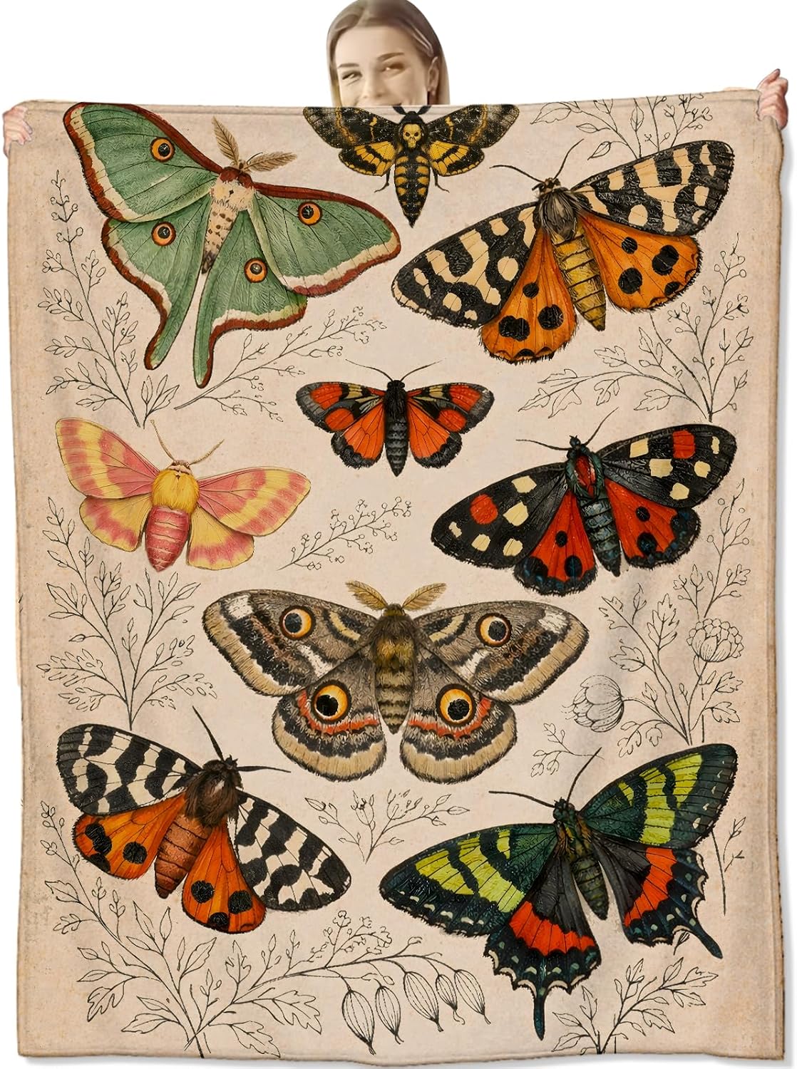 Moth Blanket for Insect Lovers and Vintage Art Fans, Retro Botanical Flannel Blankets, Gothic Nature Gifts, Soft Warm Cozy Throws for Sofa Couch Bed Living Room Bedroom Home Decor 60" x 50"