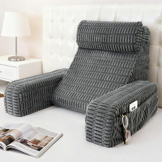 19" Reading Pillow for Bed with Built-in Arms & Large Pockets, Supportive Backrest Cushion for Reading, Resting, or Reclining, Washable Cover – Grey