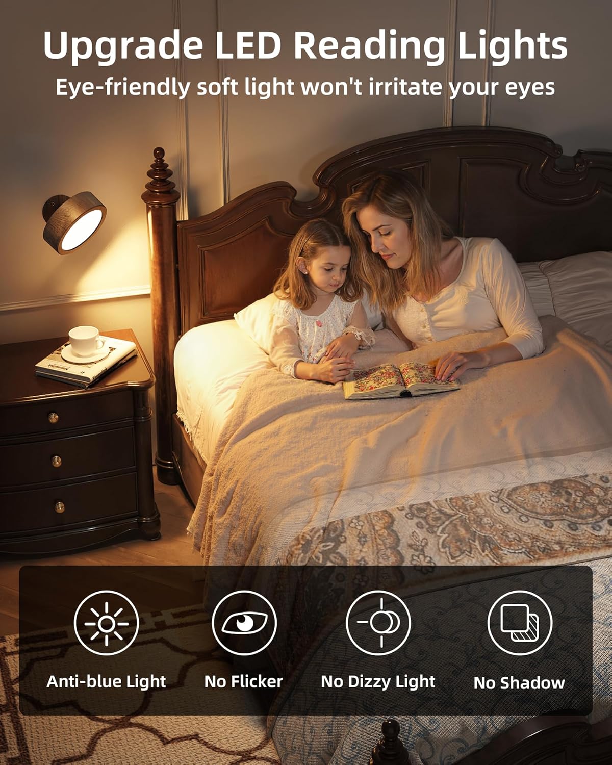 EZVALO LED Wall Mounted Light, 3000mAh Rechargeable Cordless Wall Sconce, Dimmable with Remote & Touch Control, 3 Color Temps, 360° Rotatable for Bedroom, Bedside, Reading(Walnut, 2Pack)