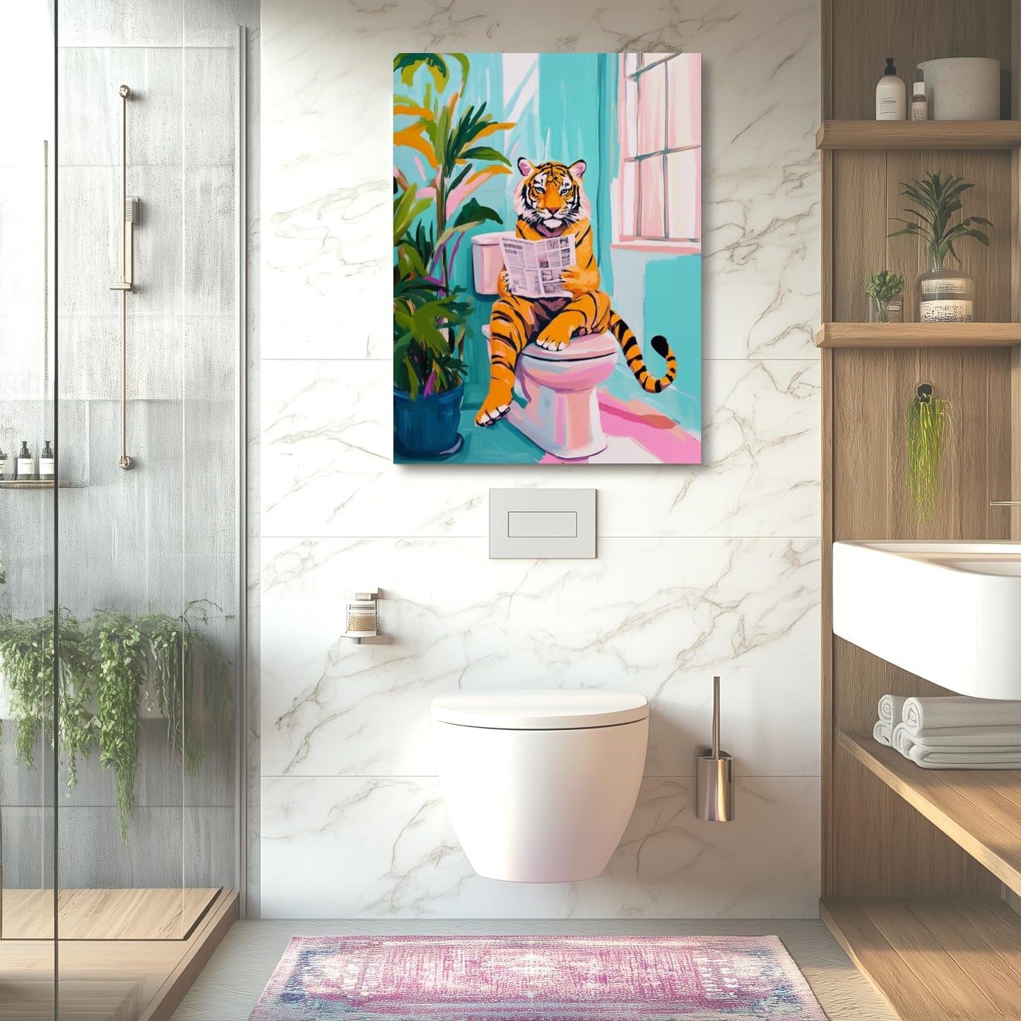 Funny Bathroom Pink Tiger Wall Art, Cute Tiger Reading Newspaper On The Toilet, Whimsical Animal Poster Prints for Restroom Bathroom, Set Of 2, 16x24 In