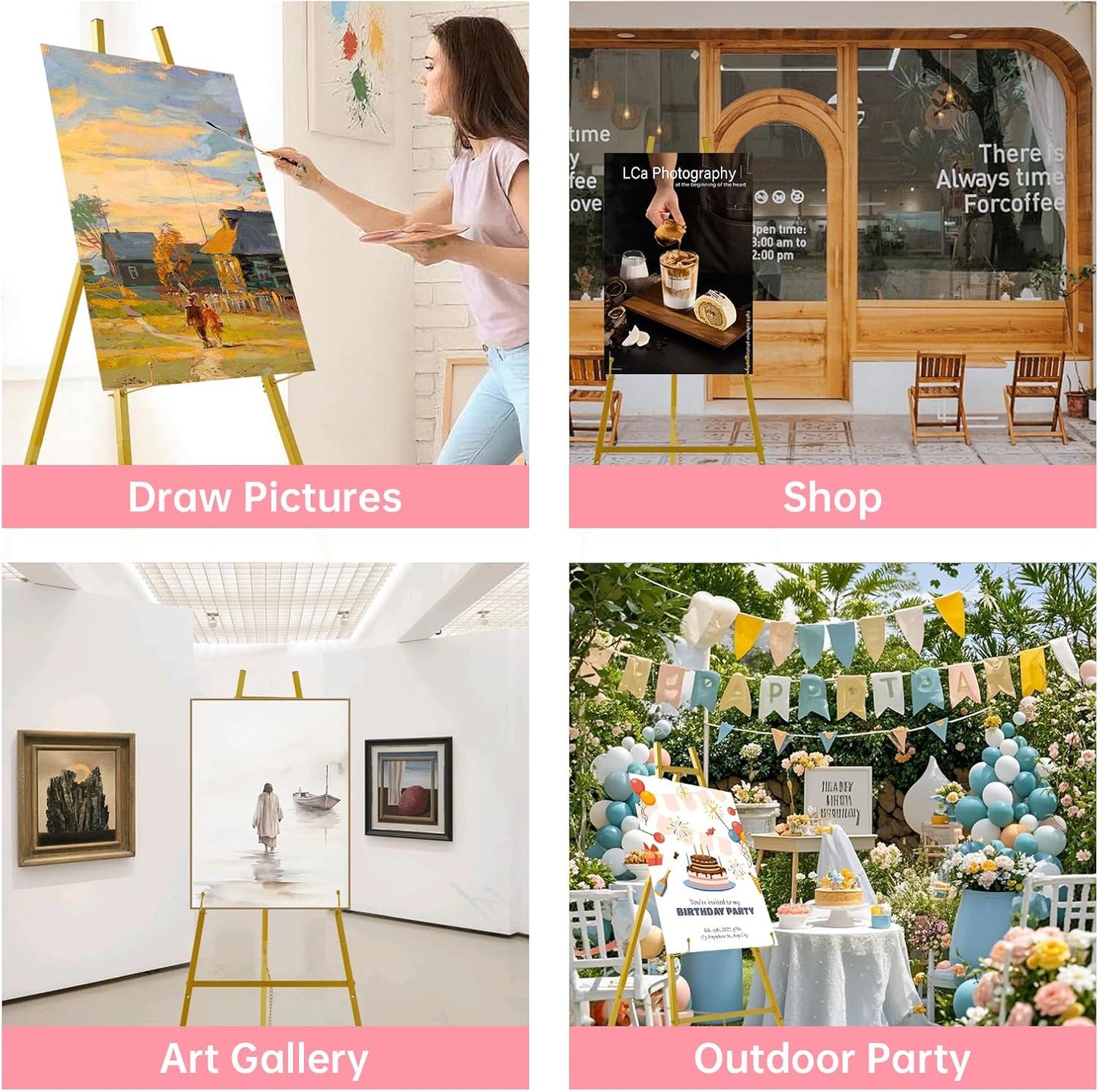 43.5" Gold Easel Stand for Sign–Adjustable Floor Heavy Duty Metal Display Easel for Wedding Signs, Art, Posters, Pictures Welcome Signs 4-Tier Height Display Easel for Parties & Galleries