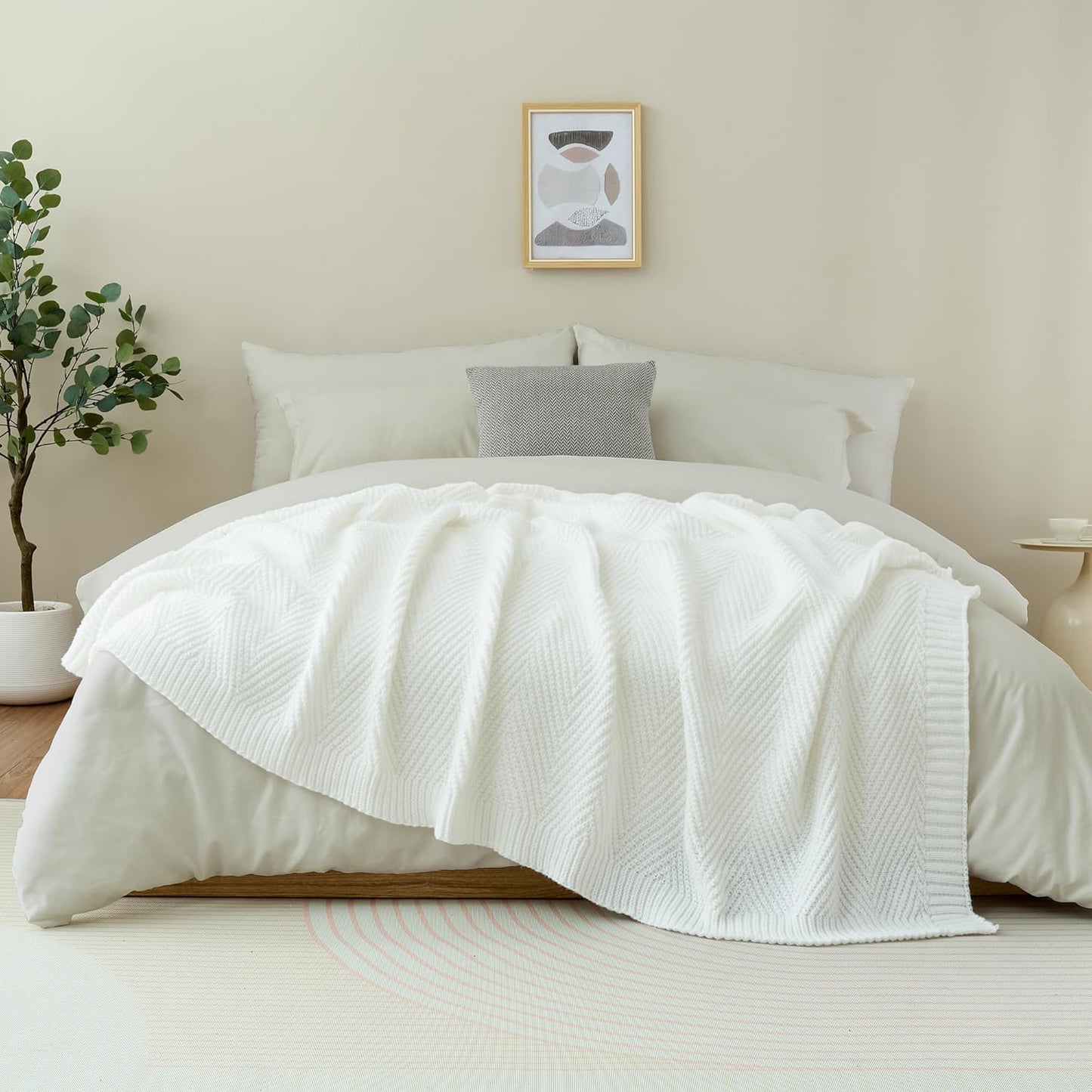 Knitted Throw Blanket 60"X80", White Knit Throws for Bed, Super Soft Boho Chevron Blankets for Couch Sofa Chair Room Decor, Textured Decorative Farmhouse Cozy Lightweight