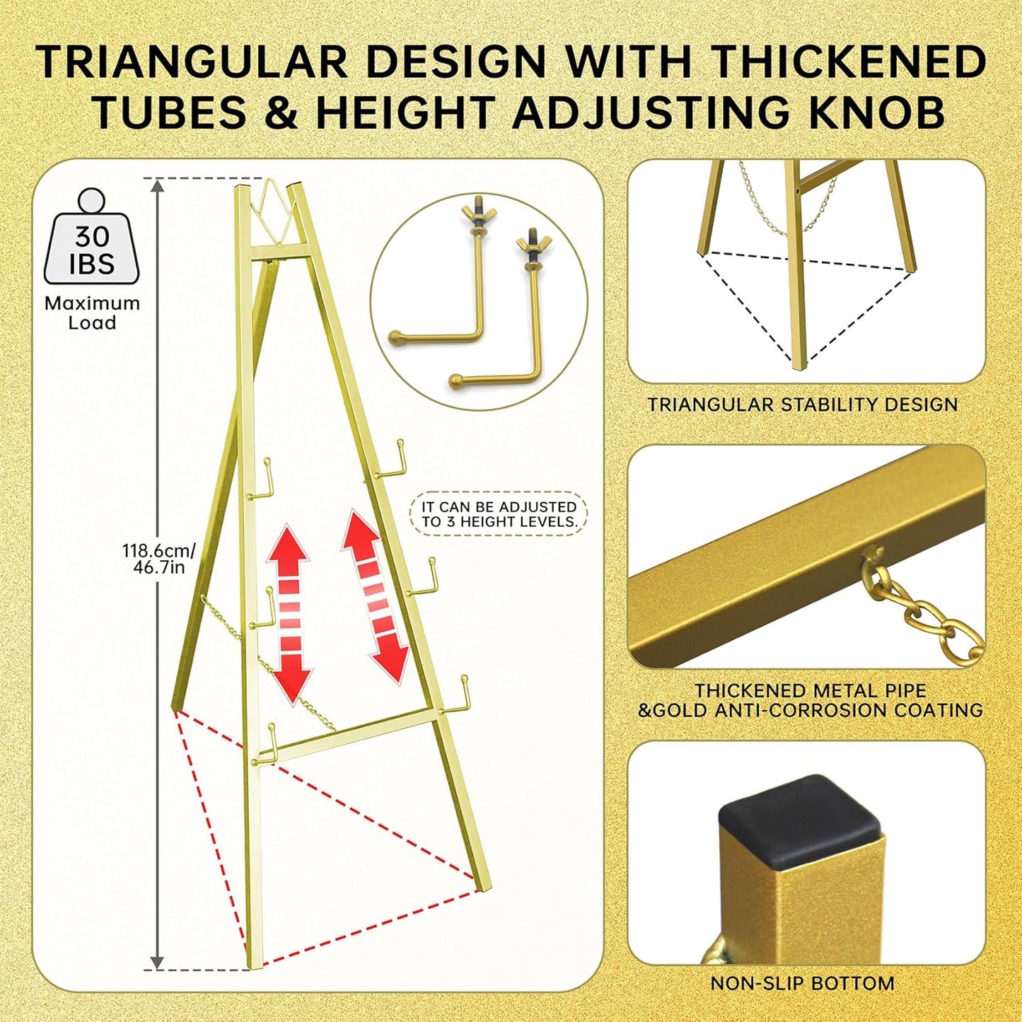 Gold Easel Stand for Wedding Signs,No Assembly Needed-46.7' Heavy Duty Adjustable Wedding Easel with Tool-Free Knobs&Adjustable Chains, Fits Welcome Signs, Posters, Paintings, Events & Art Displays