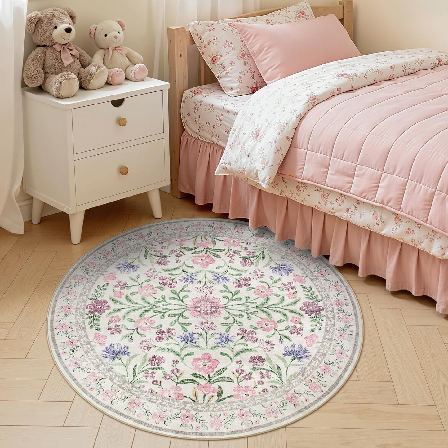 Lahome Sylvie Light Purple 4 ft Round Accent Rug, Small Circular Soft Mat for Nursery & Reading Nook, Machine Washable Low Pile Carpet for Cozy Self-Care Retreat Decor