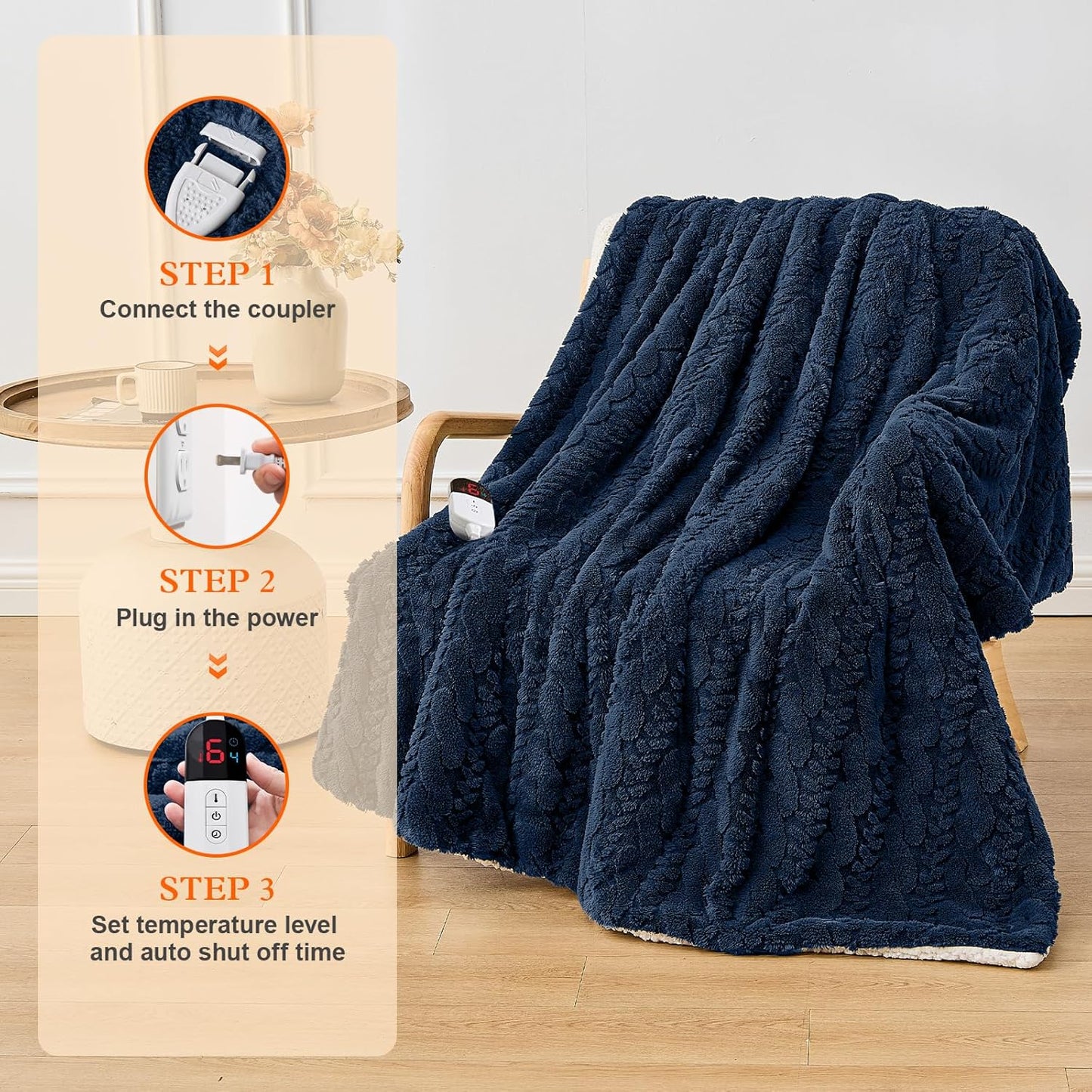 Electric Heated Throw Blanket - Jacquard Shaggy Sherpa 50"x60" Fast Heating Bed Blankets with 6 Heating Levels & 4 Hours Auto Off, Over-Heated Protection ETL, Navy Blue