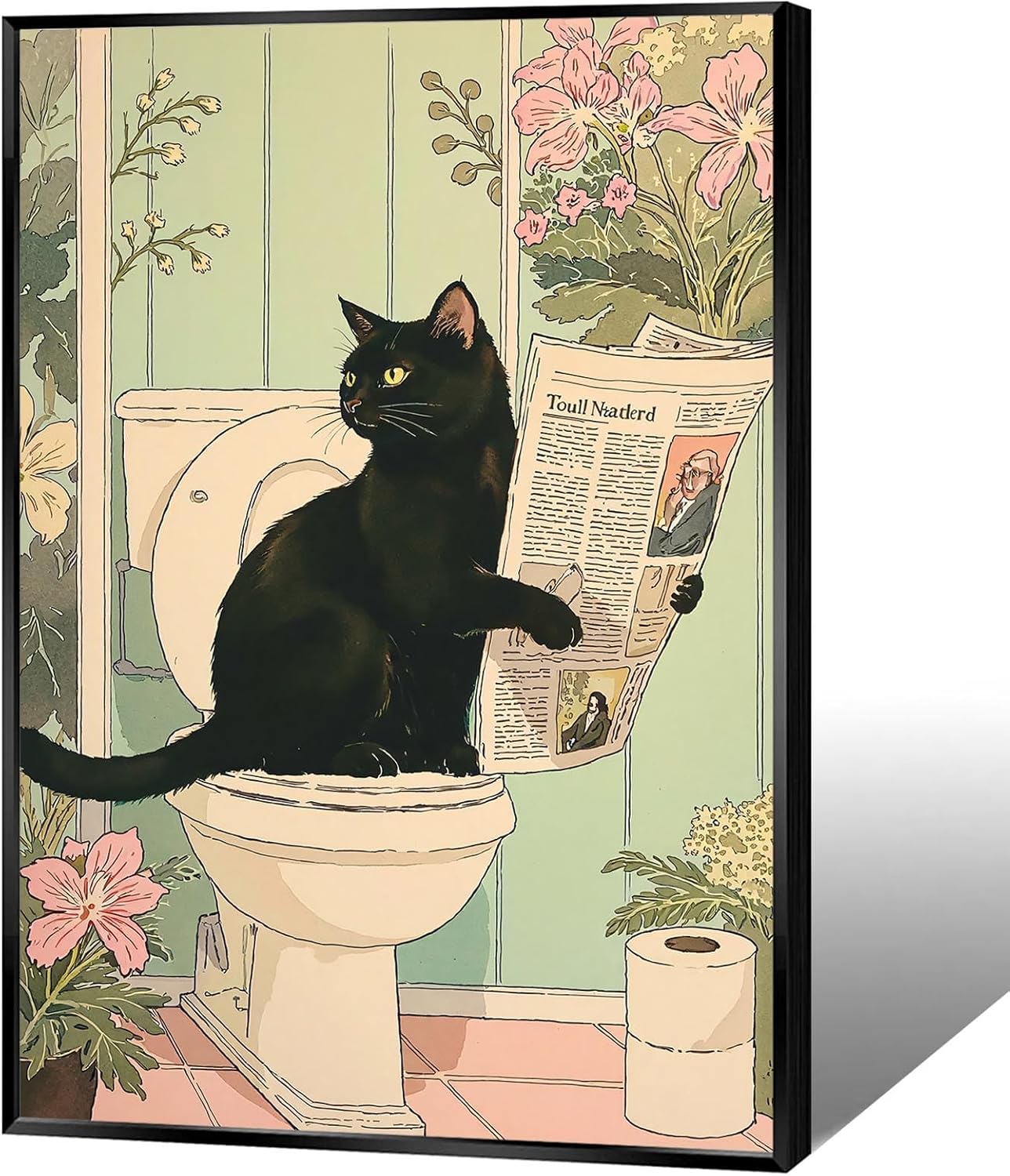 ZHIXQMG Funny Animal Bathroom Canvas Wall Art Japanese Black Cat Reading Newspaper Posters Cute Cats Sitting On The Toilet Picture Pink Flowers Aesthetic Wall Decor For Home Dorm 12x16in Unframed