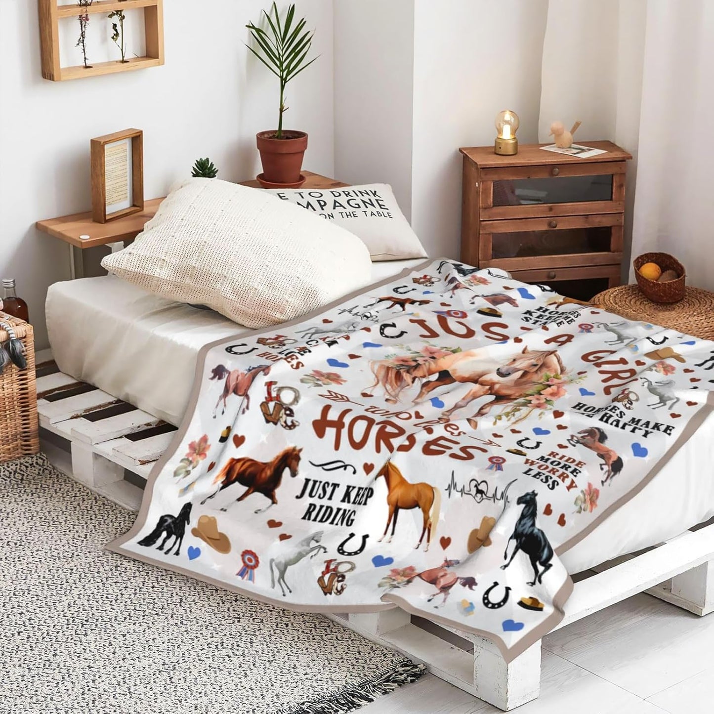 Horse Gifts for Women Girls Just A Girl Who Loves Horse Stuff Throw Blanket Animal Cozy Plush Horses Blanket for Women Girls Kids Adults Horses Lovers Birthday Decorations Room Decor 60"X50"