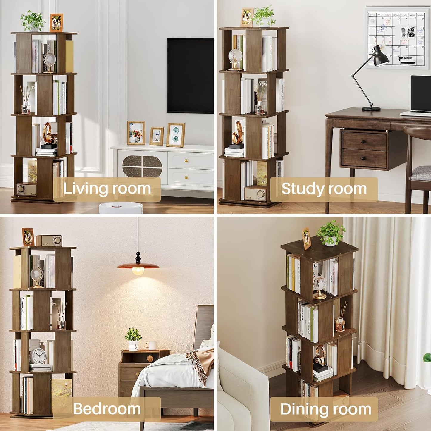 Wooden Rotating Walnut Rectangle Bookshelf Tower - 4 Tier 51“ H Tall Corner Bookshelf for Small Space, 360° Spinning Revolving Solid Wood Modern Bookcase Tower for Living Room, Bedroom, Home Office