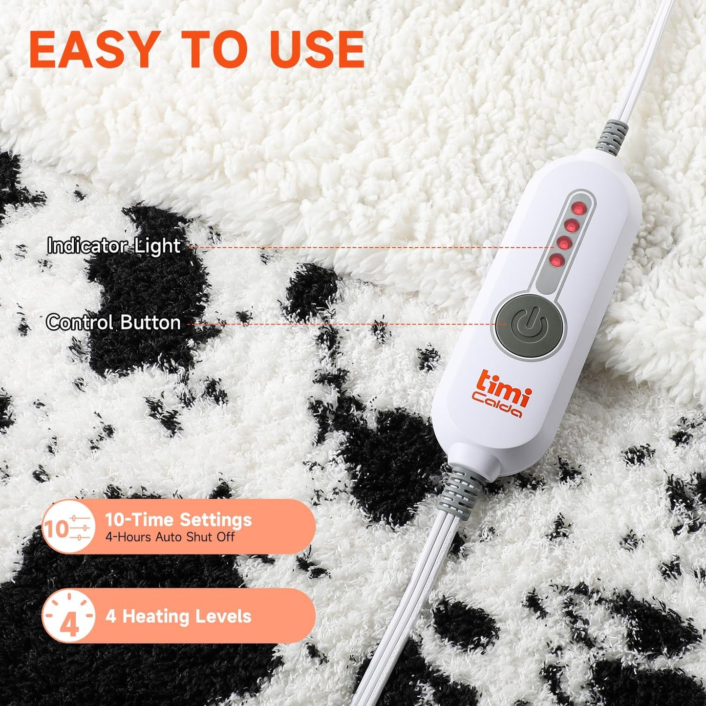 Cow Print Electric Blanket - Full Size Cozy Soft Knitted Sherpa Heated Blanket with 4 Heat Levels & 10 Hours Auto-Off, Overheating Protection, Warm Gifts, 72"x84"