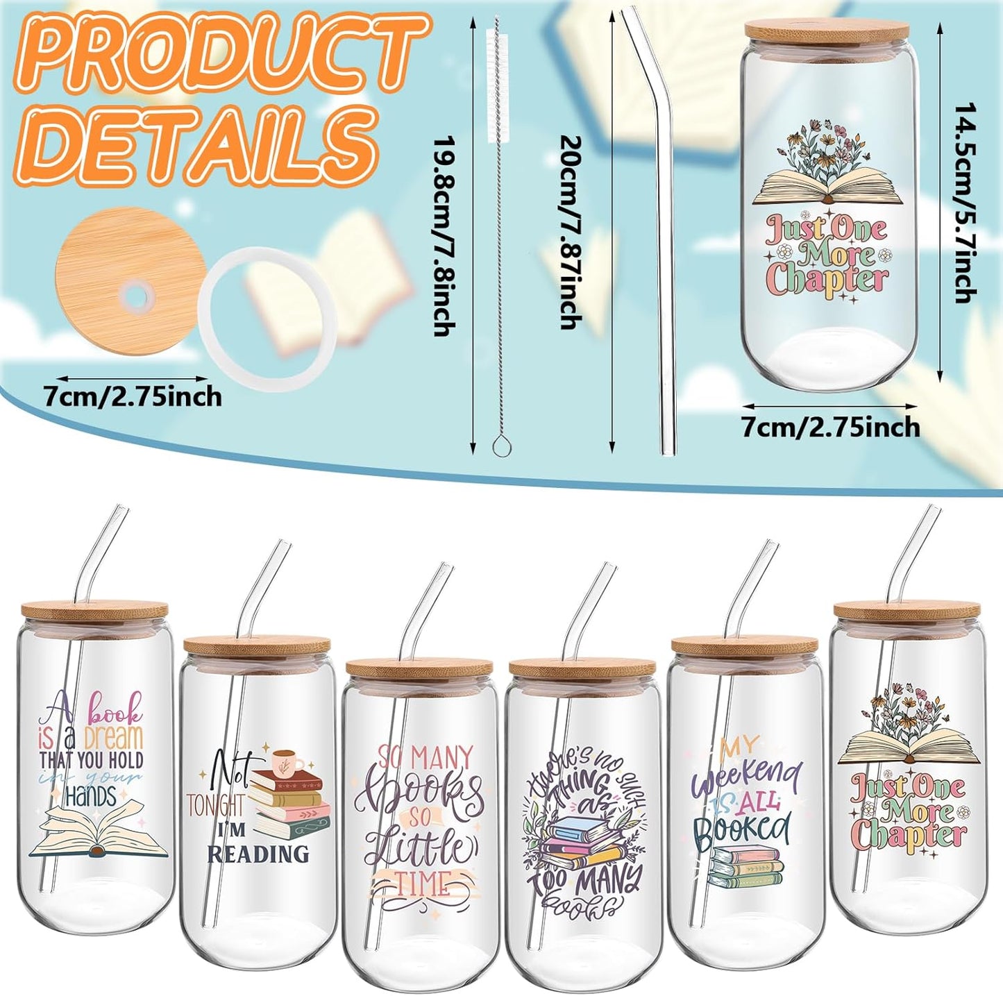 6 Pcs Book Lover Gifts 16 oz Glass Cups with Lid Straw Iced Coffee Glass Tumbler Library Reading Drinking Cups Reader Gift Book Club Appreciation Gifts for Teacher Employee Volunteer Librarian Nurse
