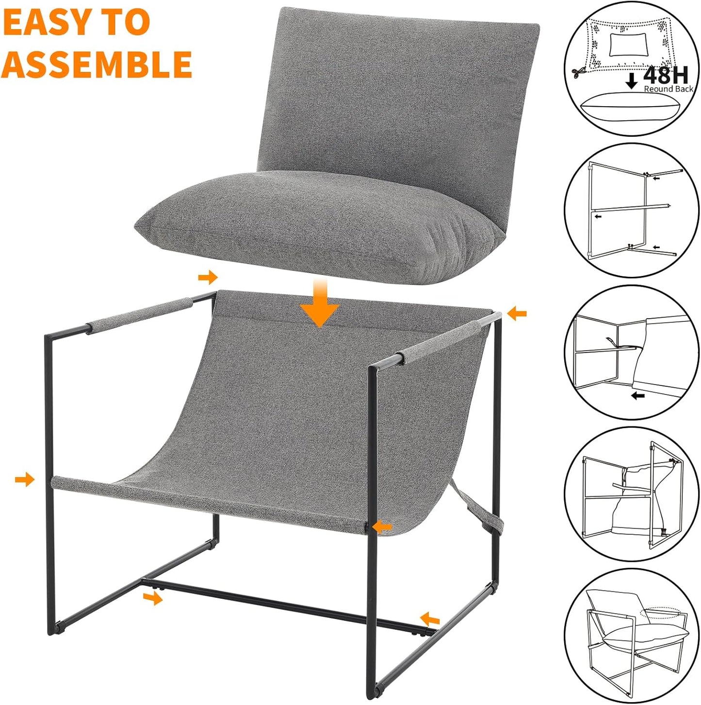 Sling Accent Chair for Living Room, Modern Metal Framed Cozy Armchair, Upholstered Living Room Chairs with Shredded Foam Cushioning, Lounge Chair for Bedroom, Living Room, Reading Room, Grey