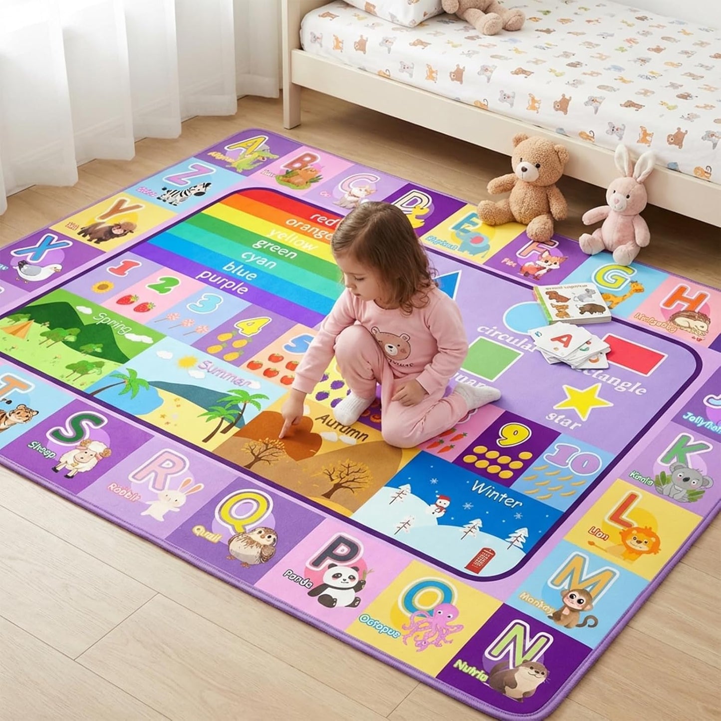 ABC Rugs for Kids Playroom, 3x5 Ft Educational Alphabet Rug with Numbers Animals Seasons Fruits, Non-Slip Washable Soft ABC Mat for Nursery Bedroom Boys Girls