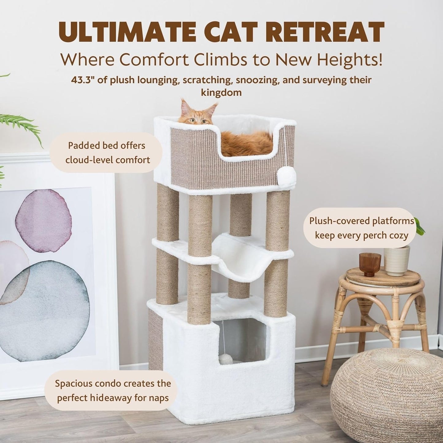 TRIXIE Lucano XXL Cat Tree, 43.3 -in Cat Tower with 8 Jute Scratching Posts, Hammock & Plush & Sisal Covered Condo, Sturdy Base, Interactive Pom-Poms, Indoor Furniture for Climbing & Relaxation, Brown