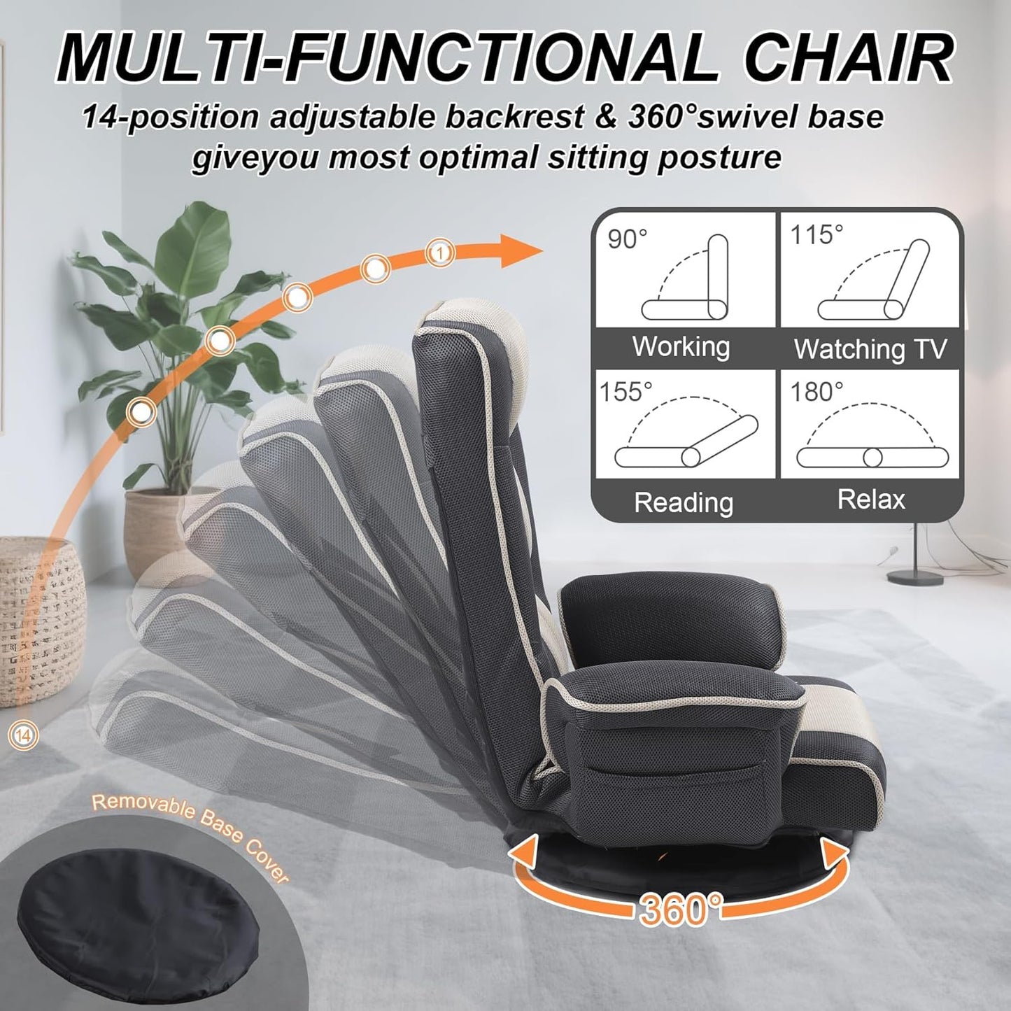 Linen Fabric Ergonomic Gaming Chair, 6-Position Reclining Sofa Bed with Lumbar Support, Foldable Floor Lounger with Thick Cushion, Armrests & Side Pockets for Esports, Reading, Napping (Grey + Beige)