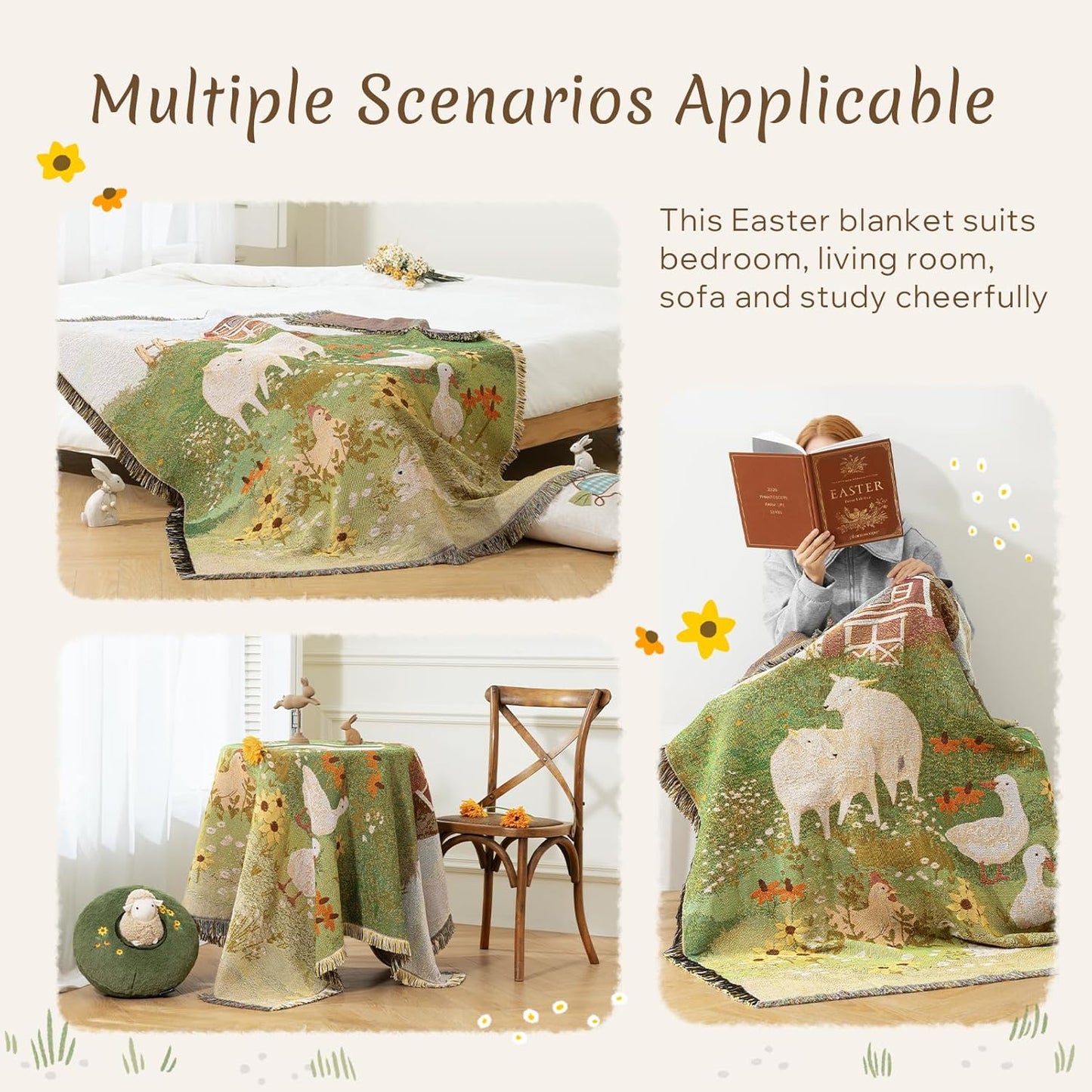 Phantoscope Easter Blanket Soft Jacquard Knitted Throw Blanket with Tassel, Warm Cozy Blankets with Farm Animals Blankets for Couch Living Room Bedroom, Green, 50 x 60 inches