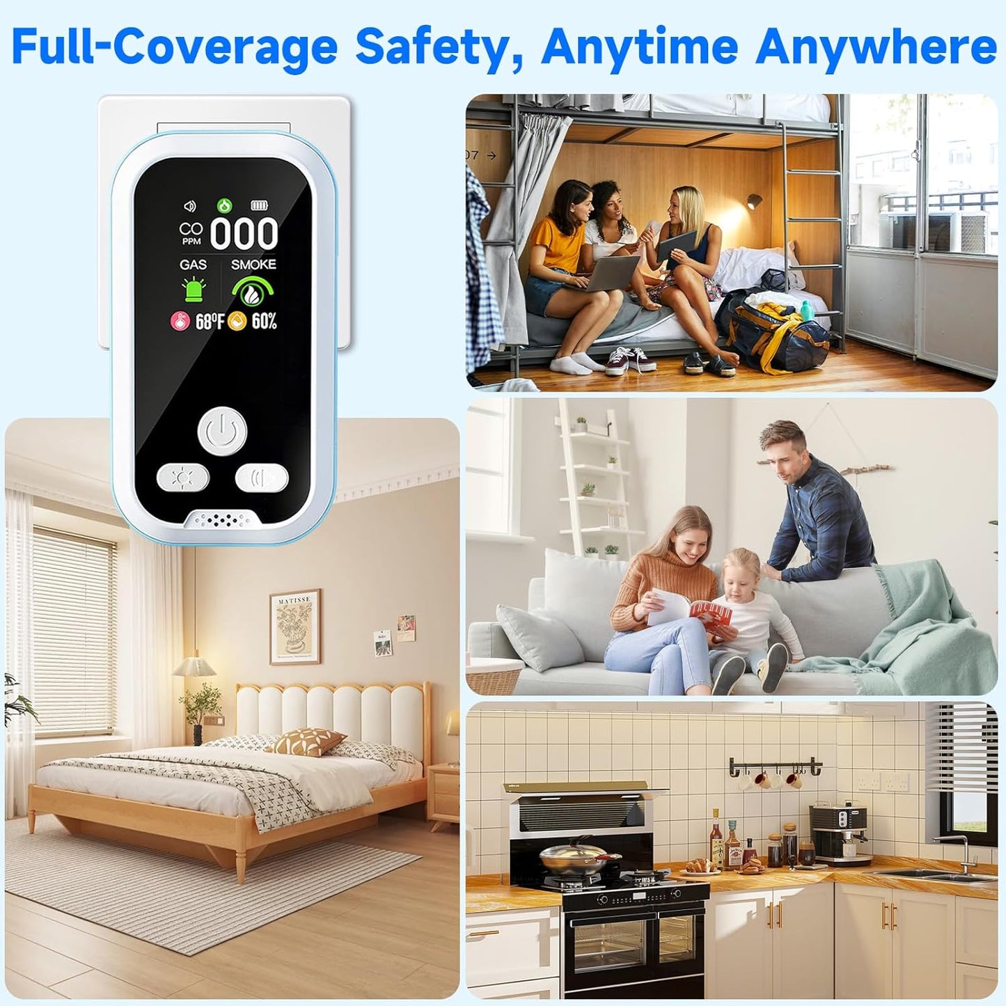 6 in1 Carbon Monoxide Detector Combo with HD Screen Monoxide Alarm, Detects CO, Natural Gas, Smoke, Temperature, and Humidity for Home, Apartment, Hotel, Camping RV Safety Gifts Idea