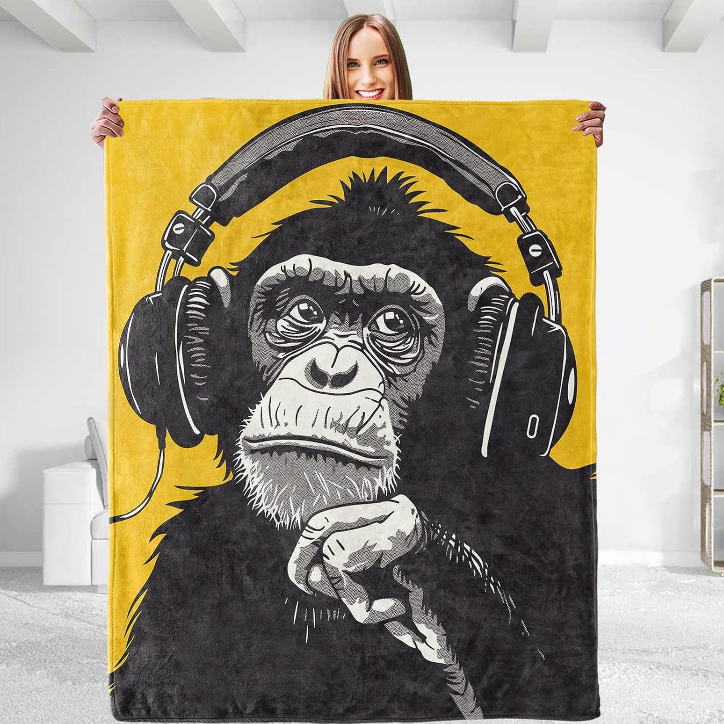 Music Monkey Throw Blanket for Men & Women - Soft Plush Flannel, Comfy and Lightweight, Warm and Fuzzy for Couch, Bedroom, Travel, Bed, Living Room, and Outdoor 50in×60in