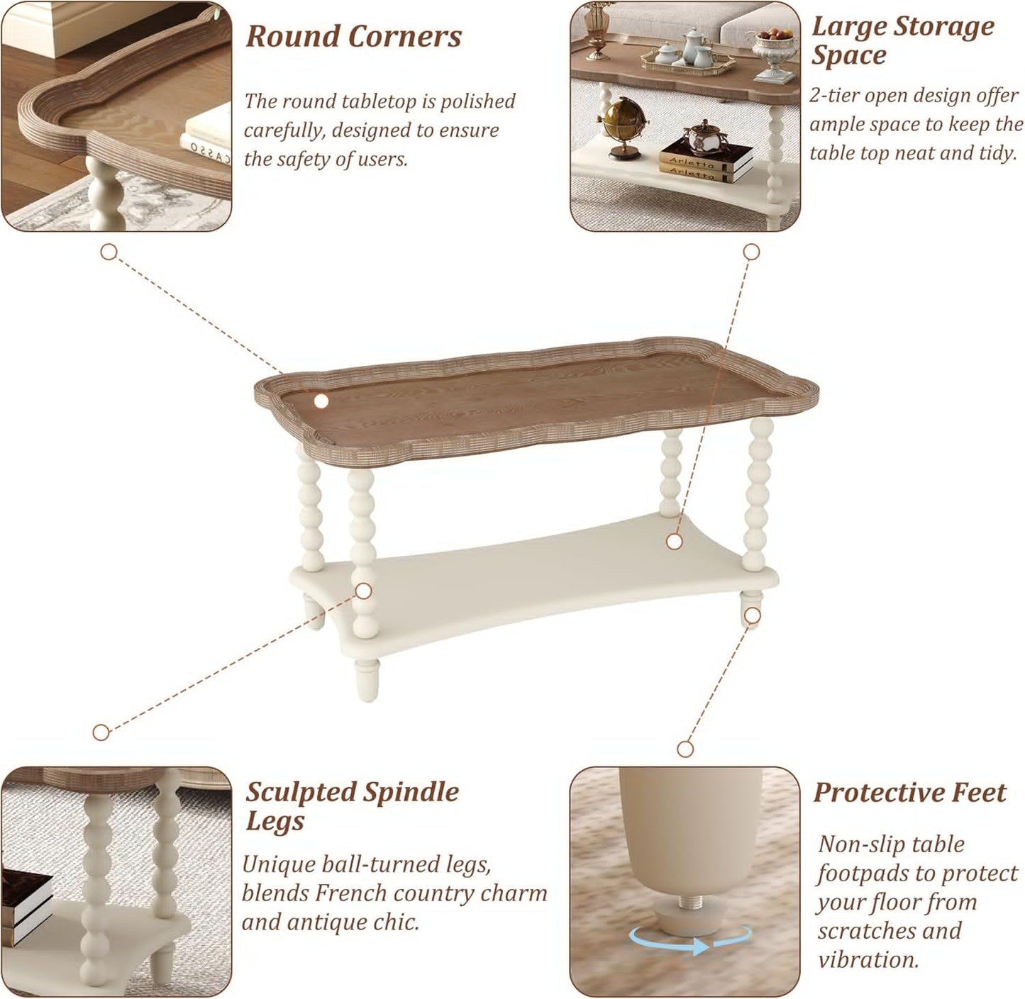 Function Home Farmhouse Coffee Table, Rustic White French Country Center Table with Storage Shelf, Wood Coffee Tables for Living Room Dining Room, Natural Tray Top and Vintage White Spindle Legs