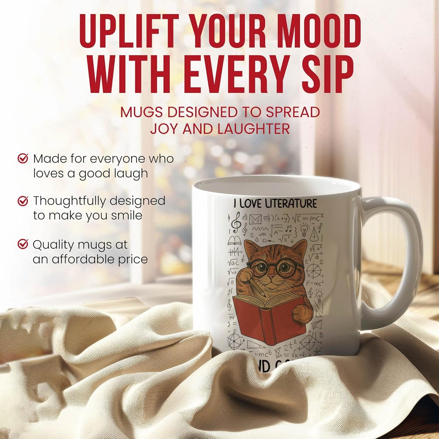 Literature And Cats Mug - Book Lover Coffee Cup - Friend Funny Gift From Readers - Literary Tea Mugs - Enthusiast Cups - 11 Oz Ceramic Gifts For Bibliophiles, Birthday, Him, Her, Christmas, Owner