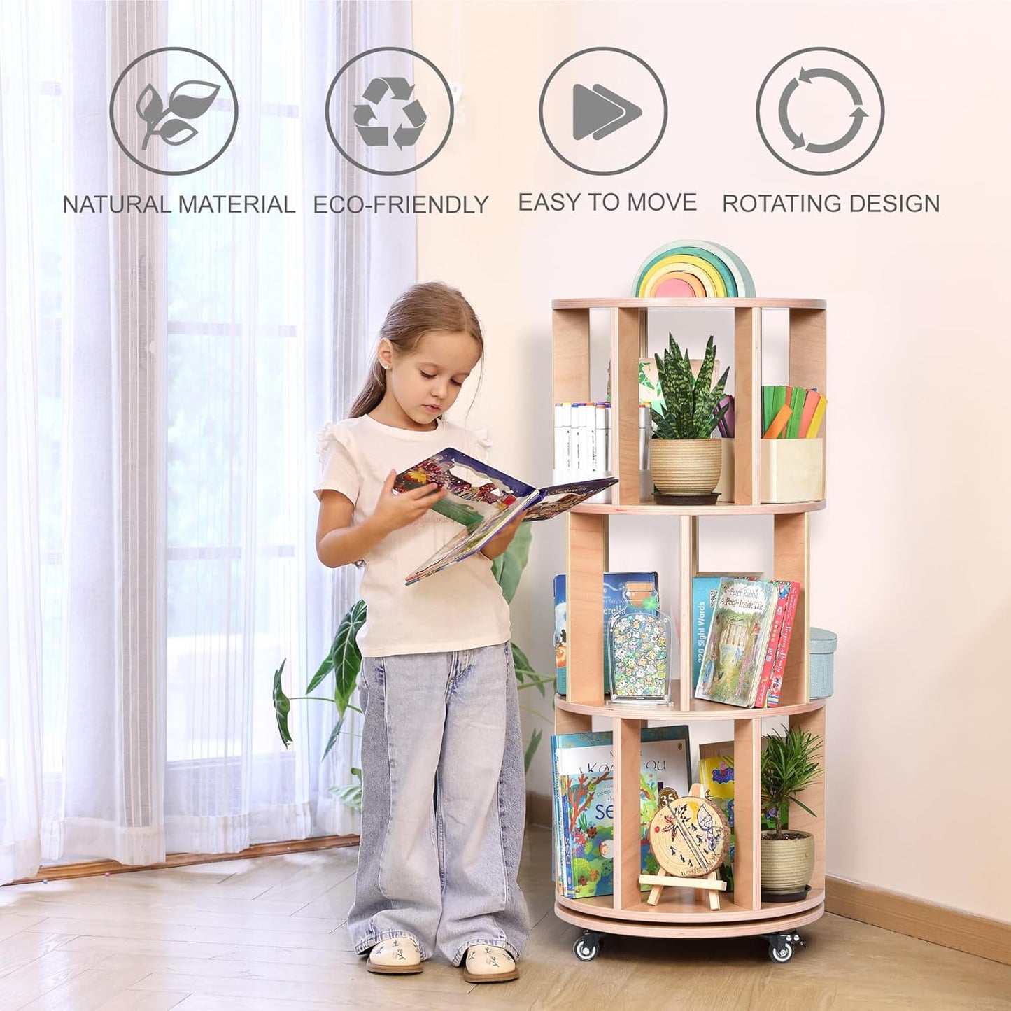 3-Tier Kids Rotating Bookshelf Tower with Lockable Wheels, 360 Display Montessori Storage Rack for Small Spaces, Kids Rooms, and Home Offices