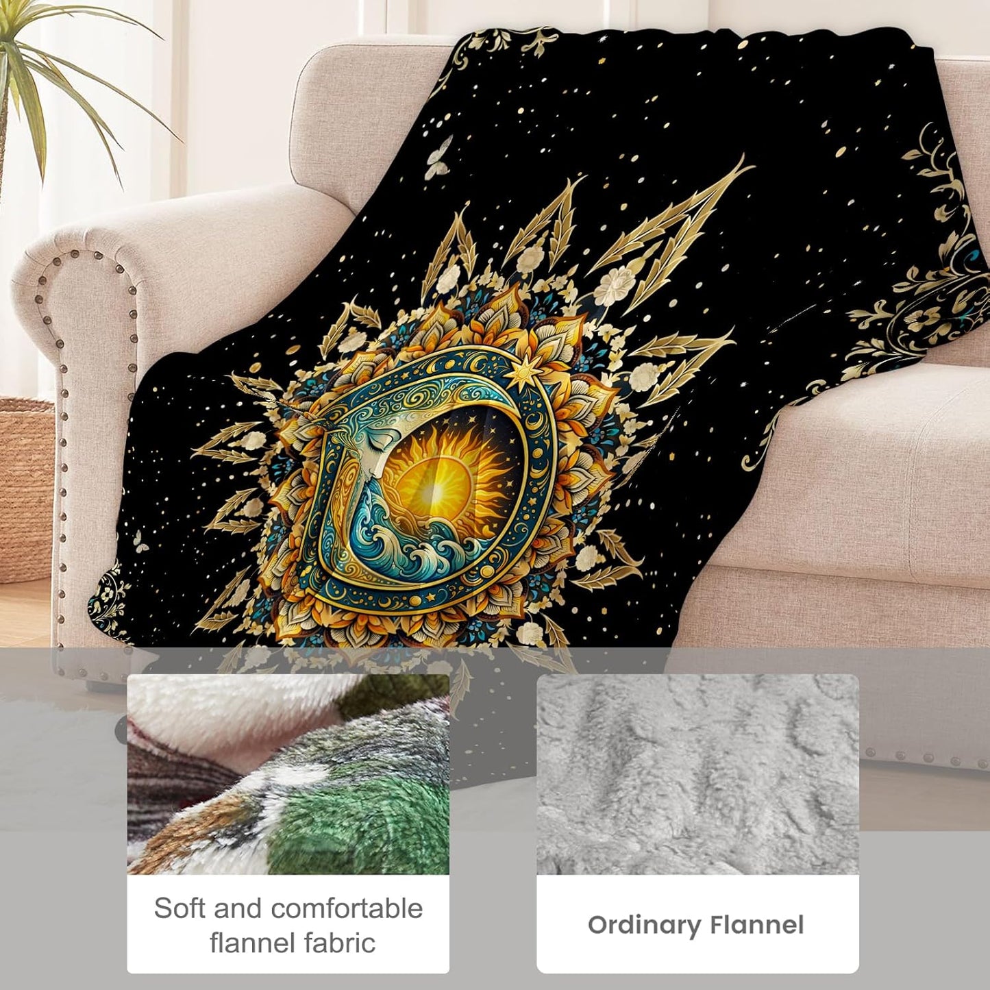 Boho Moon and Sun Blanket for Spiritual Lovers, Mandala Flannel Blankets, Mystical Aesthetic Gifts, Soft Warm Cozy Throws for Sofa Couch Bed Living Room Bedroom Home Decor 60" x 50"