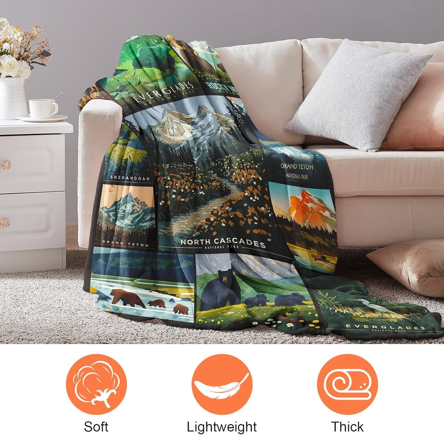 National Park Blanket, Natural Scenery Flowers Forest Bear Animal Combination Bedroom Travel Living Room Sofa Cover Blanket for Kids Boys Girls Teens Adults 50 x 40 Inch