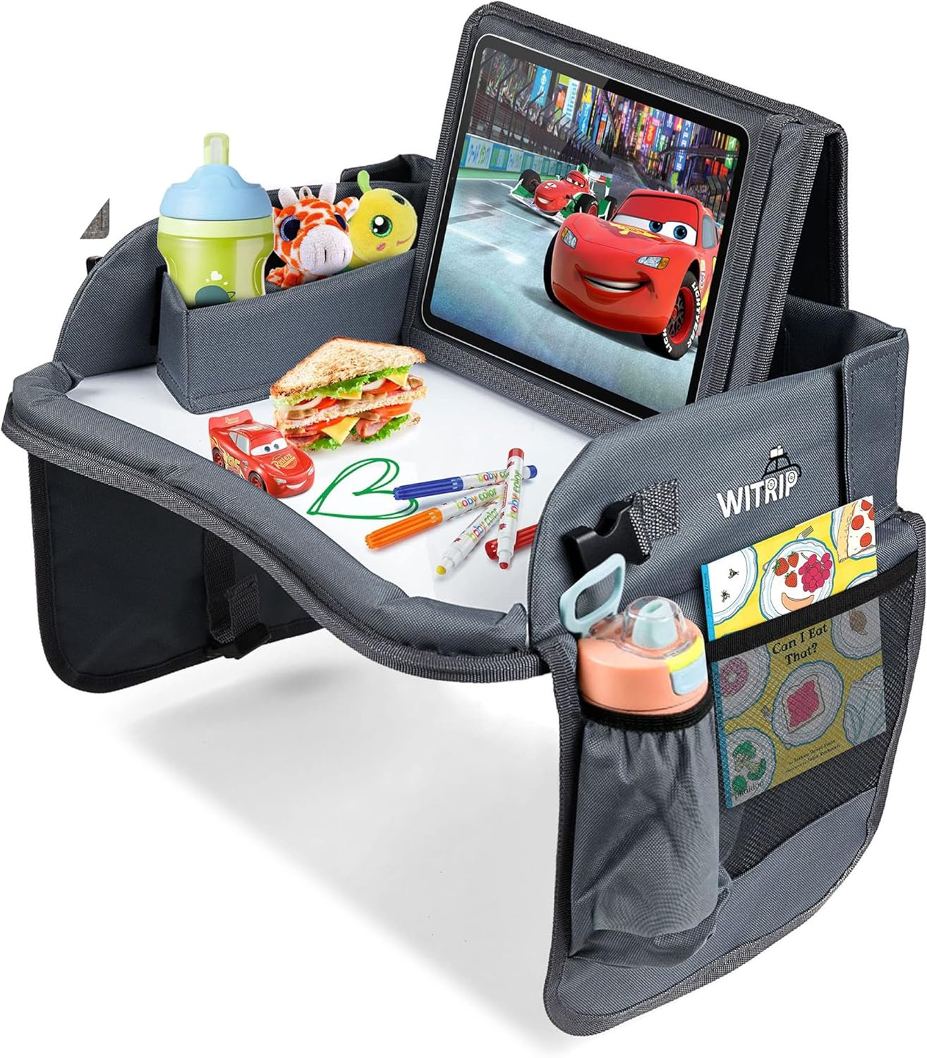 Kids Travel Tray with Dry Erase Board - Car Seat Tray for Kids Travel, Carseat Table Top for Toddler, Lap Desk for Car Seat, Activity Organizer & Snack Holder, Road Trip Essentials for Kid (Gray)
