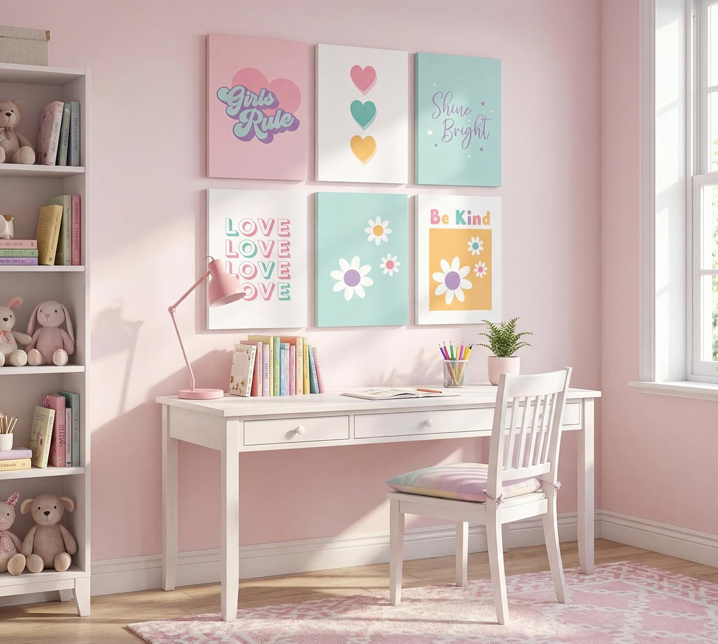 KKJ Girls Rule Canvas Wall Art Set of 6, Colorful Inspirational Quote Decor, Canvas Wrapped 12 x 16 Inch Each, Cute Wall Decor for Teen Girls Room Dorm Bedroom Apartment
