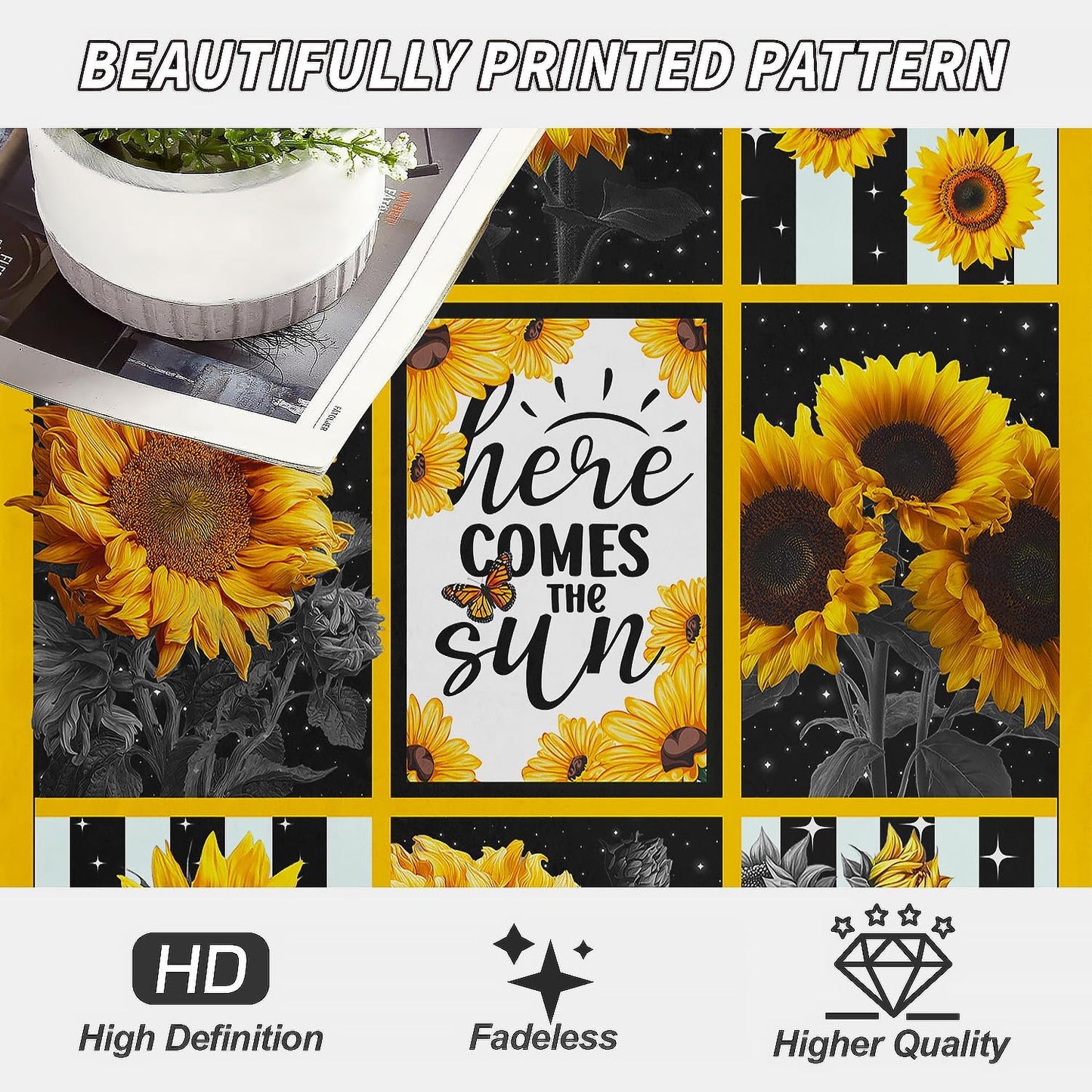 Sunflower Throw Blanket, Stars Butterfly Stripe Design, Soft Cozy Fleece Blanket for Couch Bed, 40 x 50 Inches