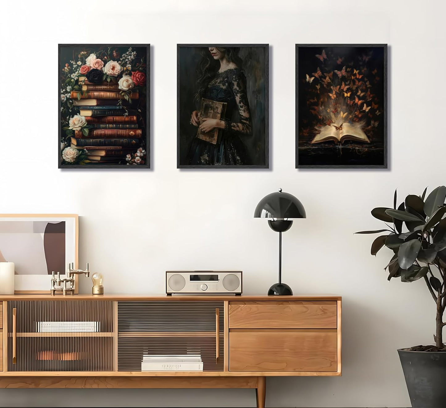 3Pcs Victorian Reading Wall Art Vintage Floral and Book Reading Posters a Mysterious Woman and Butterfly Wall Decoration a Dark Academic Aesthetic Canvas Painting Prints for Bedroom or Study Decor (Unframed)