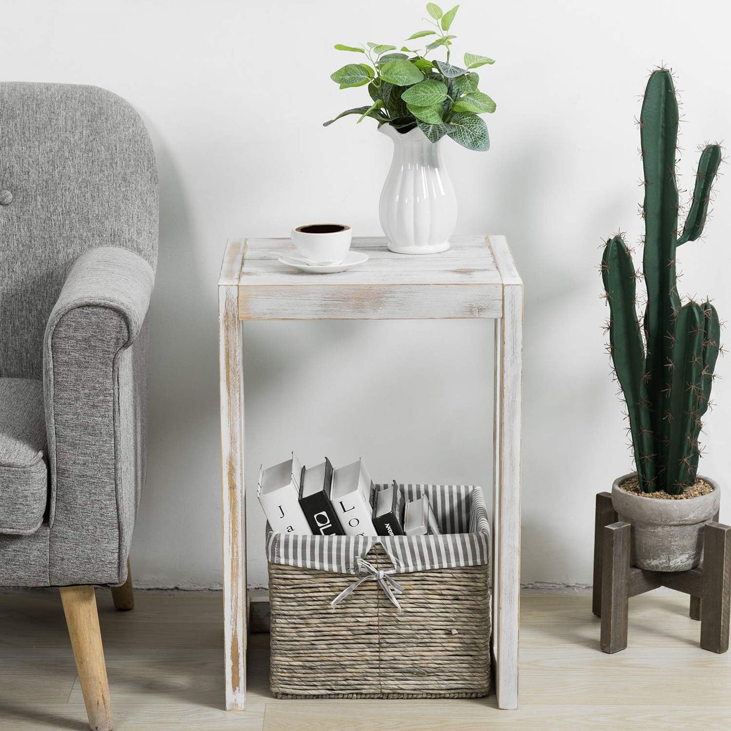 MyGift Shabby Whitewashed Wood C Shaped Side Table End Table, Under The Couch TV Table for Living Room