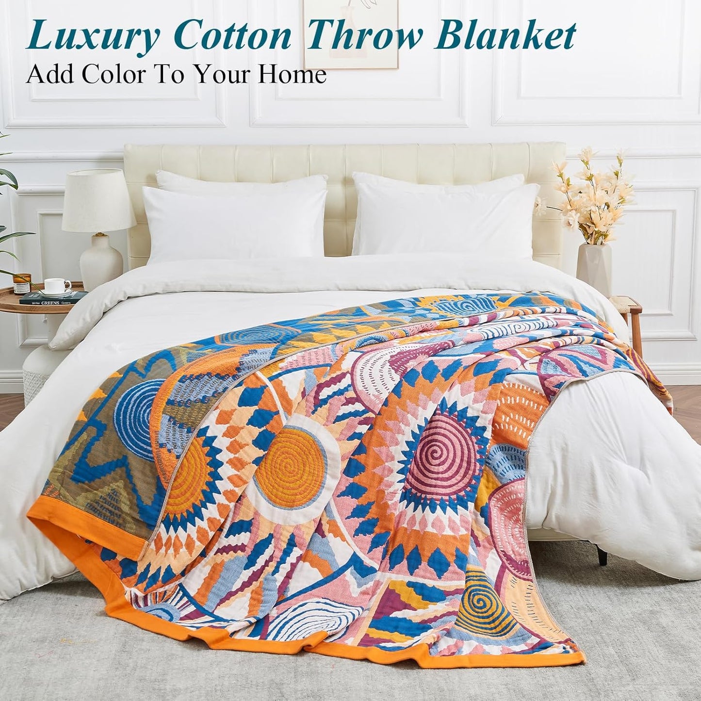 Boho Throw Blanket for Bed-100% Cotton Soft Breathable Farmhouse Decor Boho Quilt for Sofa (Colorful Sun, 60"x80")