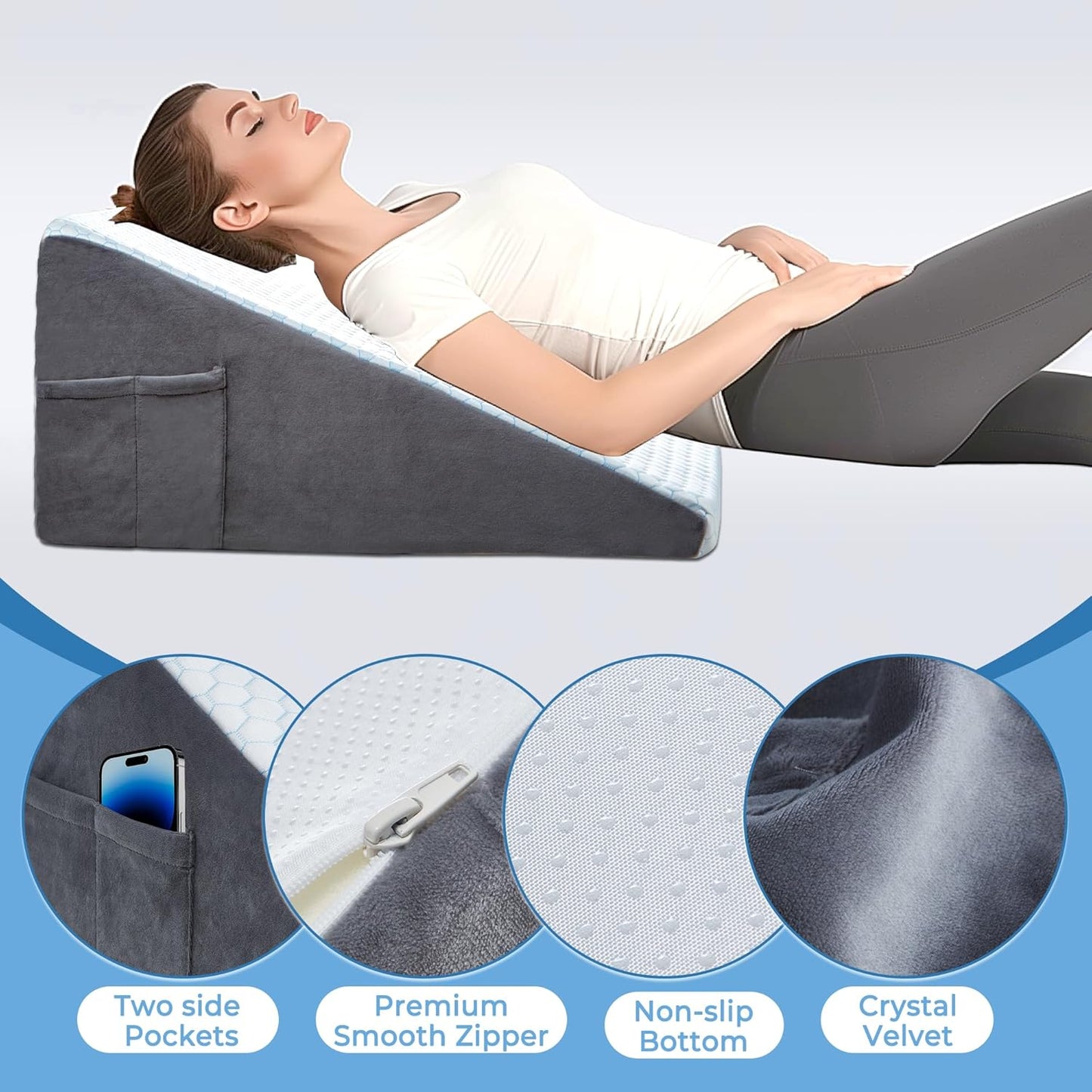 puredown® 12" Bed Wedge Pillow, Cooling Wedge Pillows for Headboard, Pillow Wedge for Nighttime Acid Reflux, Lumbar & Back Support, Leg Elevation Therapy, Snore Reduction Aid