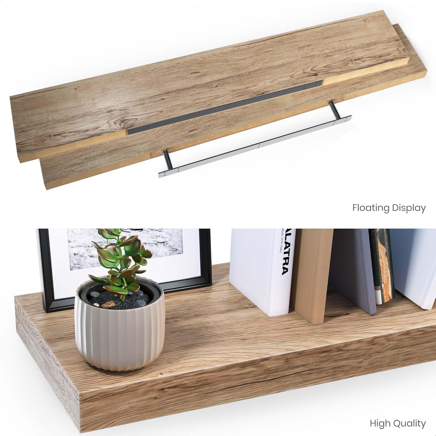Ballucci Floating Shelf, 48" Wood Wall Shelf with Invisible Brackets for Bathroom, Living Room, Bedroom, Kitchen, Nursery, 8" Deep, Oak Finish