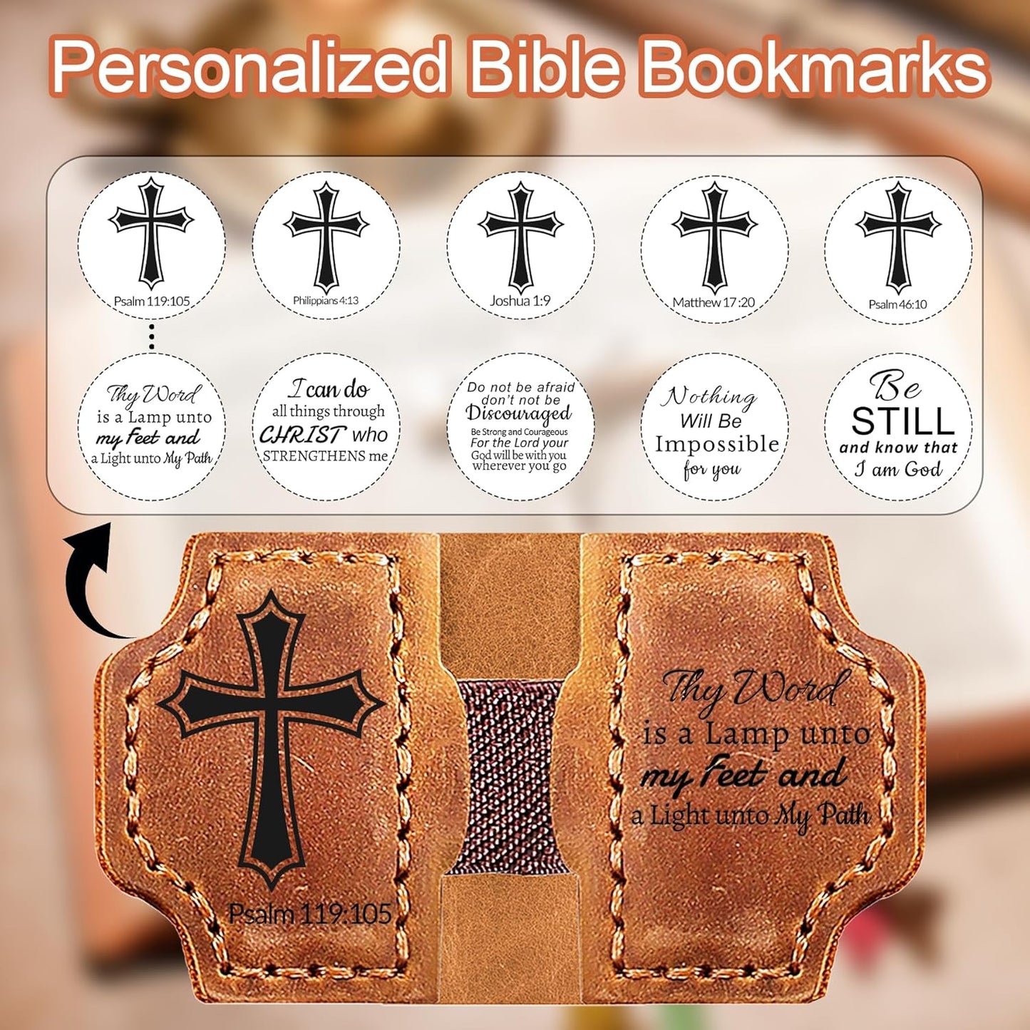 Personalized Magnetic Bookmark with Pen Holder, Bible Verse Scripture Design, Custom Leather Bookmark Bible Study Supplies for Women Men, Christian, Book Lovers Gifts (Brown, Psalm 119:105)