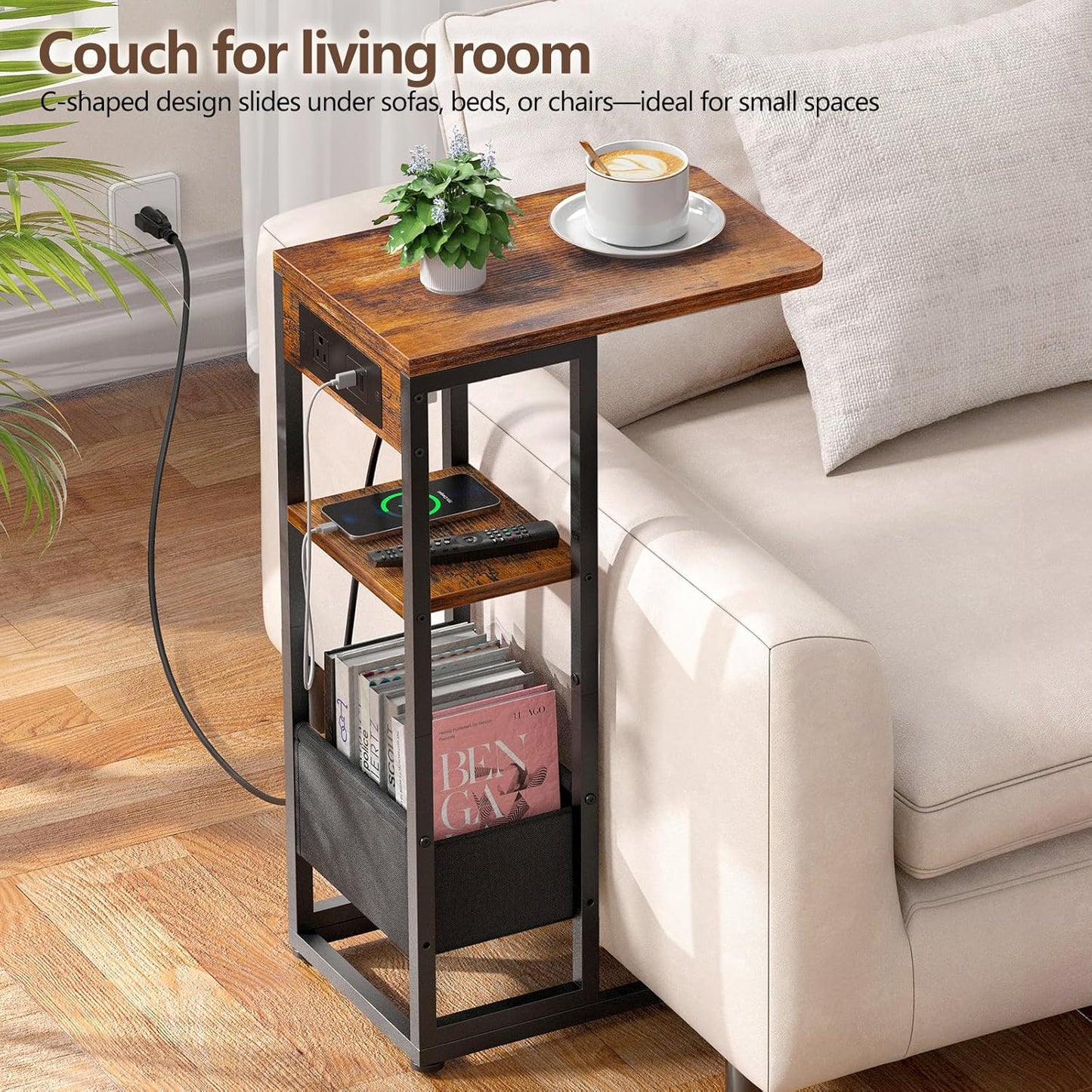 C-Shaped End Table with Charging Station — 3-Layer, Storage Bag, AC Outlet, USB Ports, Slide-Under Sofa Desk