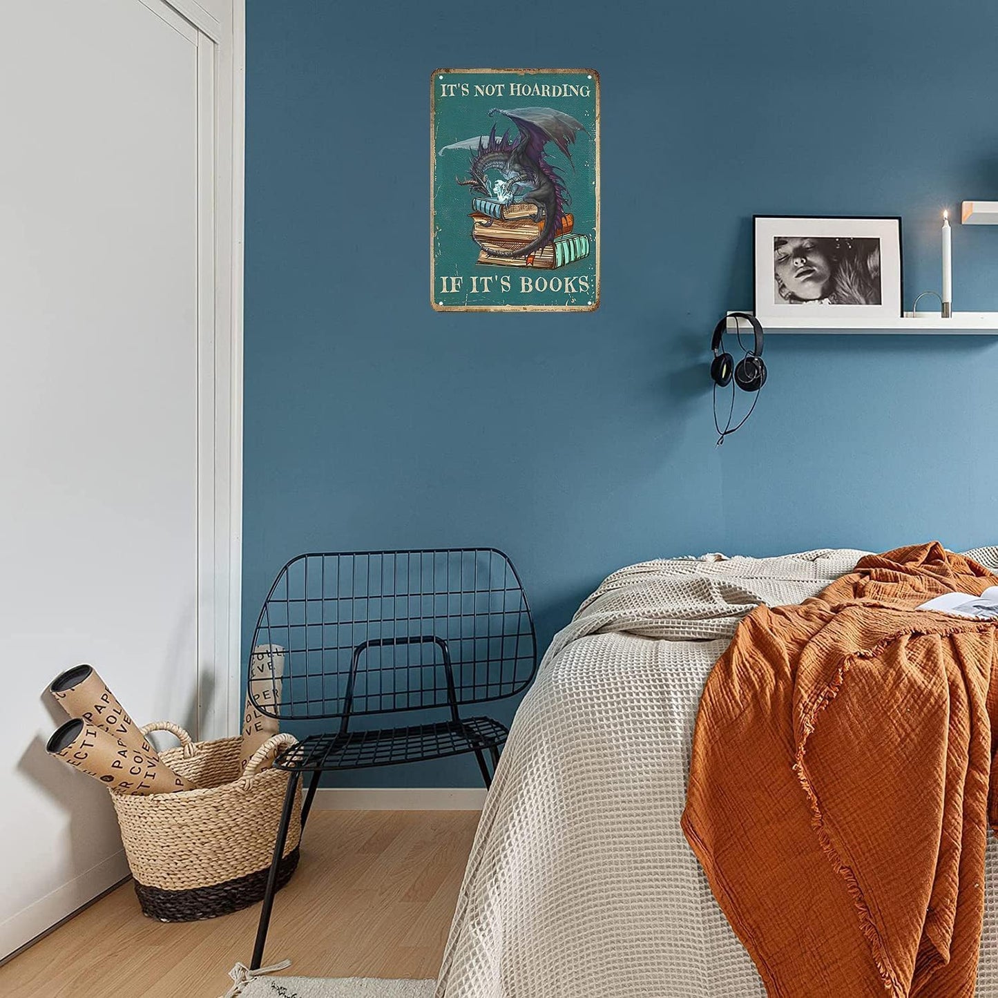 Bookish Gifts Dargon Valentines Gifts Vintage Dragon Tin Sign It's Not Hoarding If It's Books Sign for Home Cafe Bedroom Library Bookshelf Wall Decor 8x12 Inch (3018)