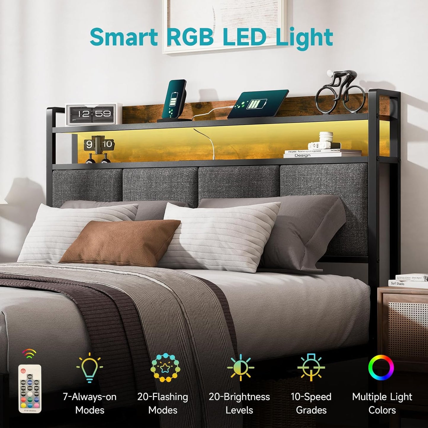 Full Bed Frame with LED Light &Charging Station, Metal Platform Bed with 2-Tier Shelves & Under Bed Storage, Upholstered Headboard&Footboard,No Box Spring Needed,Noise Free,Easy Assembly,Vintage Brown