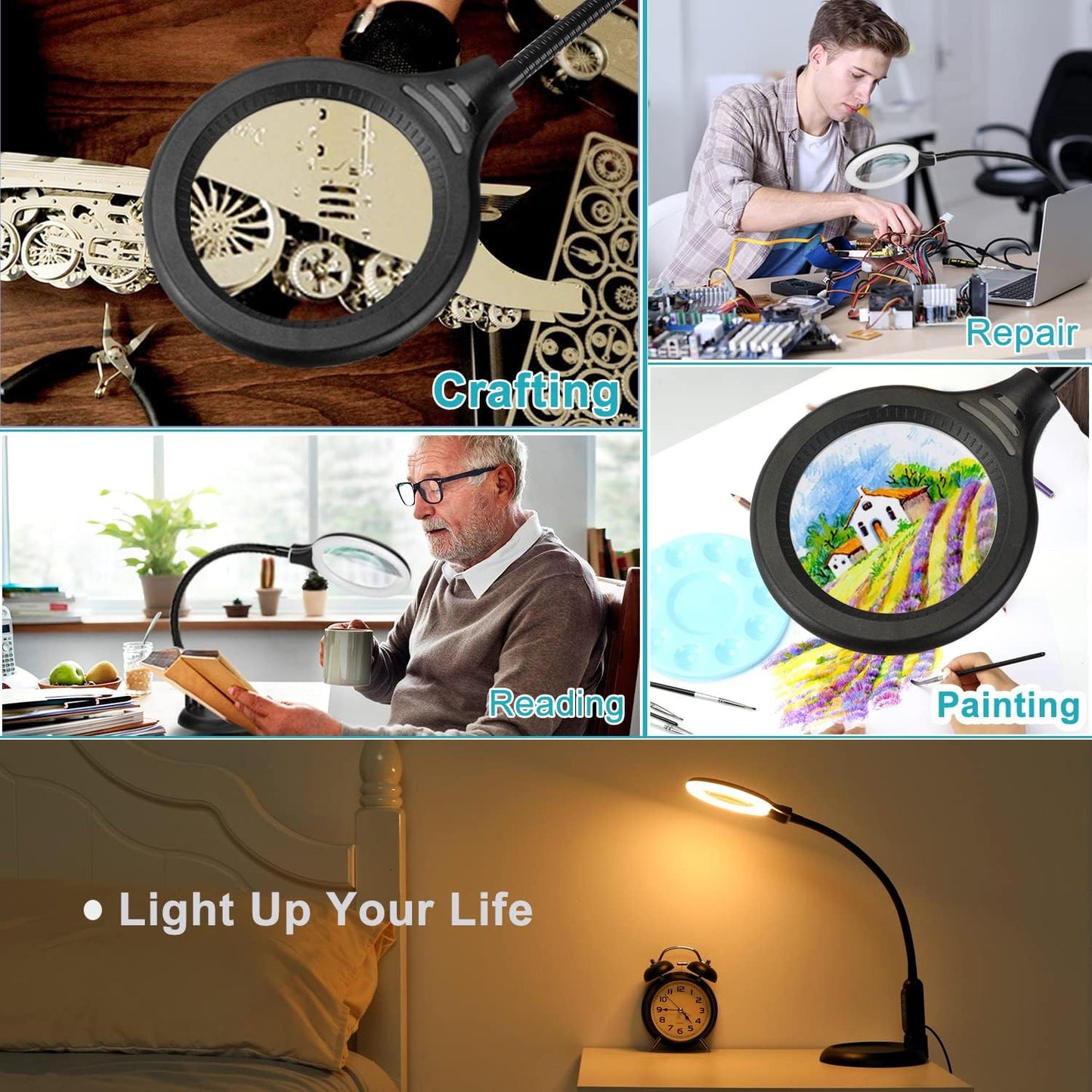 12X Magnifying Glass with Light and Clamp, 5 Color Modes Stepless Dimmable Lighted Magnifier with Stand, Flexible Gooseneck LED Desk Lamp Hands Free for Craft Reading Painting Hobby Close Work