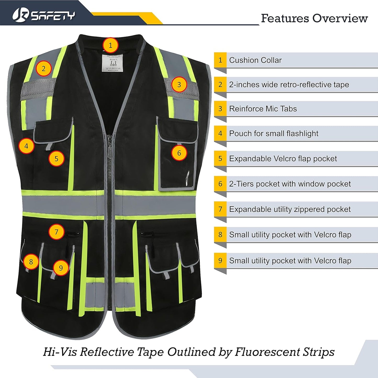 JKSafety 10 Pockets Hi-Vis Zipper Front Black Safety Vest | Cushioned Collar | High Reflective Tapes with Extended Neon Yellow Strips | Meets ANSI/ISEA Standards (Large, 89-Black)