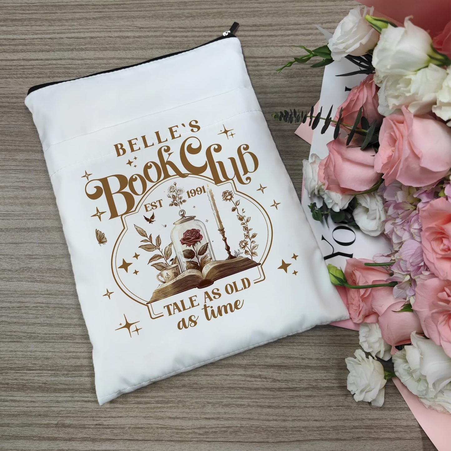 Tale As Old As Time Belle's Book Sleeve, Book Covers with Zipper, Book Lovers, Book Pouch Kindle Protector, Gifts for Women Teacher Librarian Bookworm Bookish (White-C, Large)