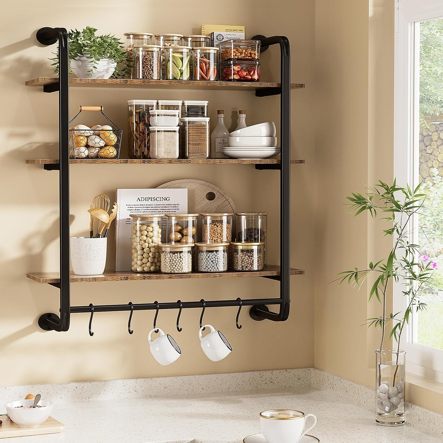 3 Tier Industrial Pipe Shelving, 24" Kitchen Shelves Wall Mounted with 6 Hooks, Coffee Bar Shelves Display Bookshelf Wall Shelf for Bedroom, Bathroom, Home Décor, Rustic Brown